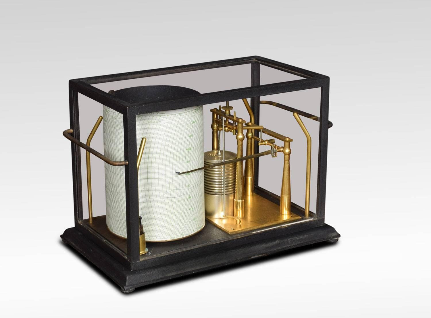 A 20th century micro barograph by Short & Mason, London, The black crackle case with five beveled glass panels. To the 8 inch drum with a diameter of 5.25 inches connected to a gilt-brass movement, signed to base as per title and numbered ‘171/37’,