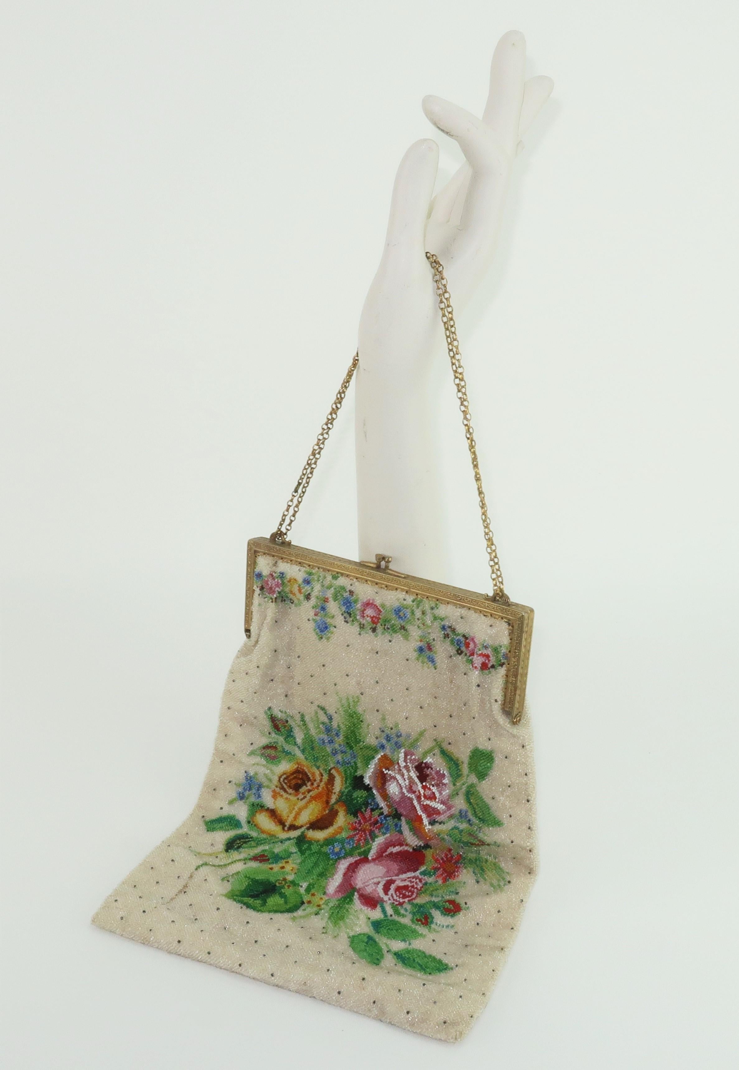 Large Micro Beaded Floral Handbag, 1930's 7