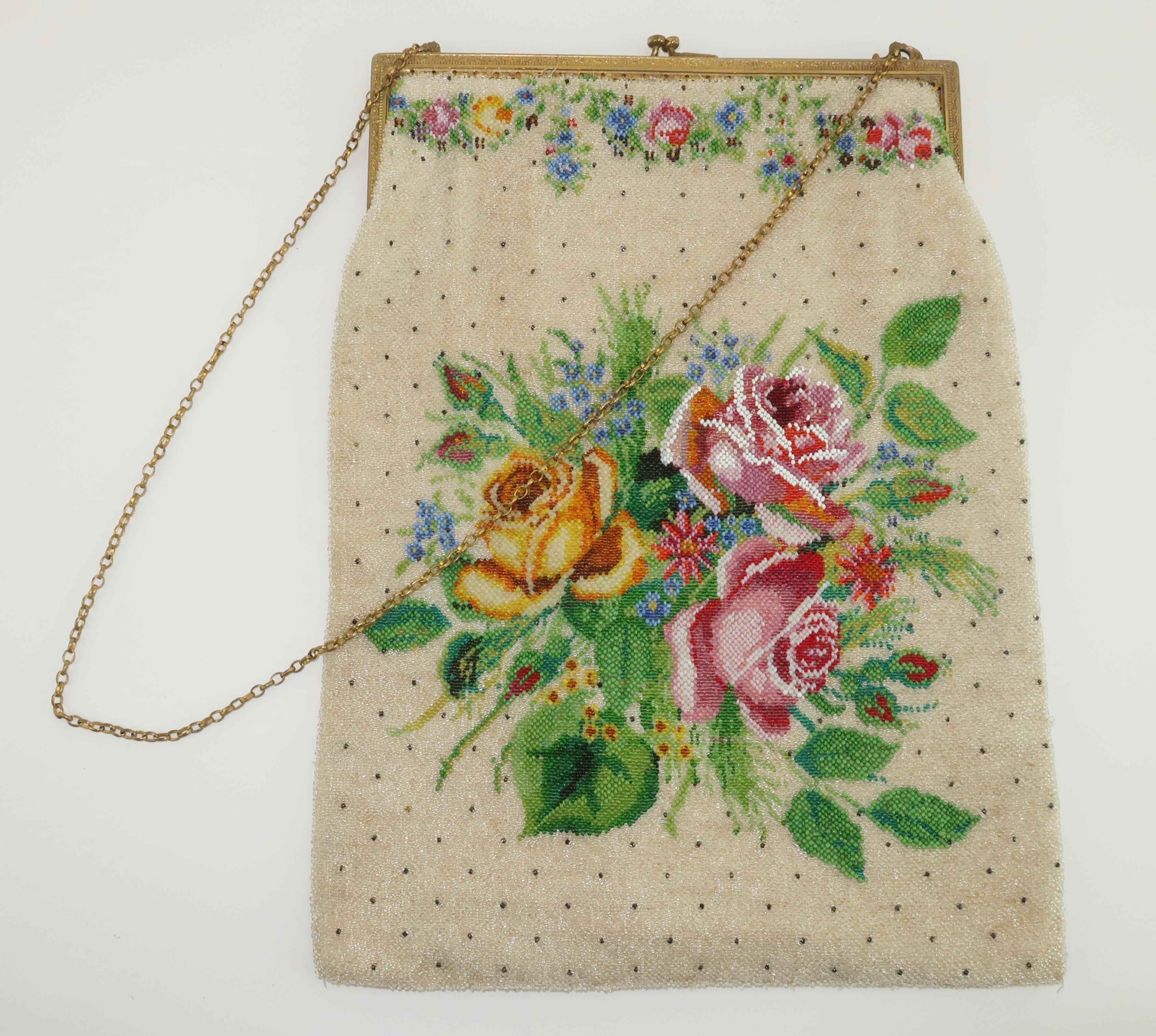 Large Micro Beaded Floral Handbag, 1930's 2