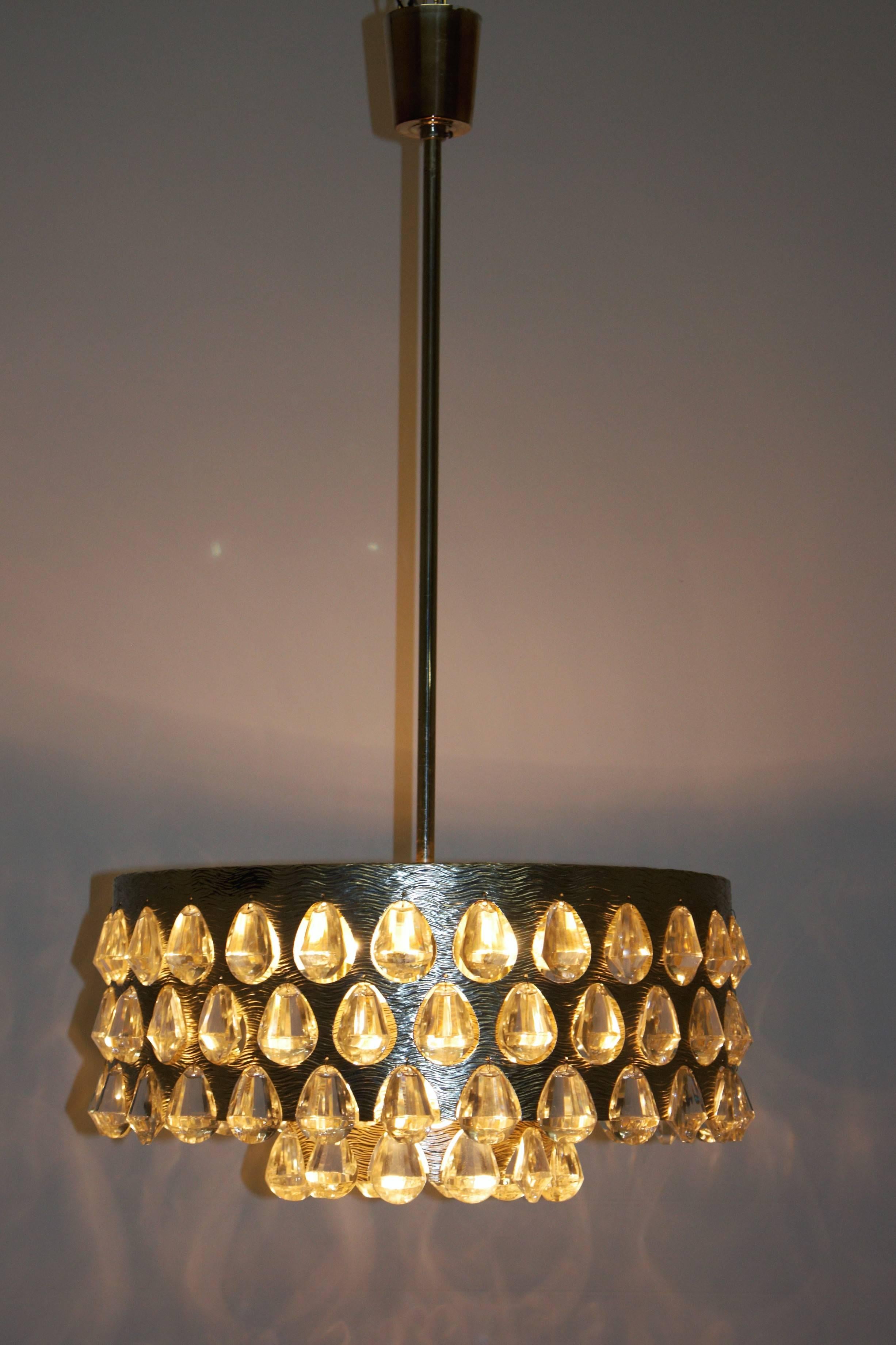 European Large  Silvered Brass and Glass Chandelier by Palwa  circa 1960s