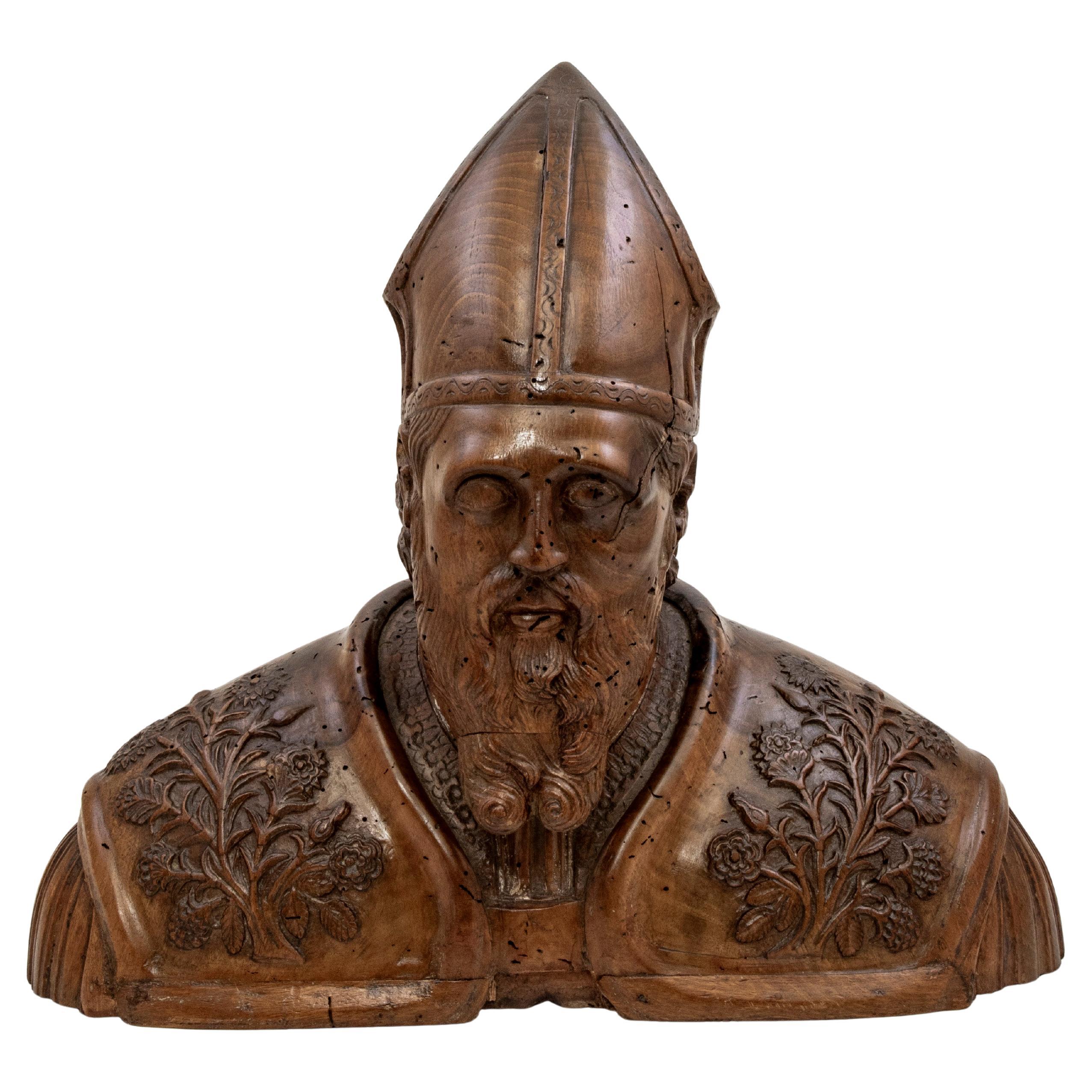 Large Mid-18th Century French Hand Carved Olive Wood Bust of A Bishop