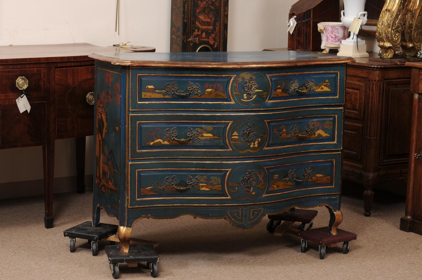 Large Mid 18th Century French Louis XV Blue Lacquered Commode with Chinoiserie Decoration & Serpentine Shape