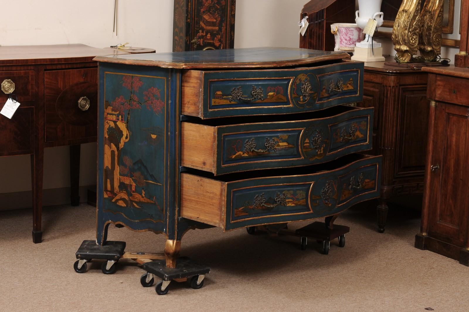 Large Mid 18th Century French Louis XV Blue Lacquered Commode with Chinoiserie  In Fair Condition For Sale In Atlanta, GA