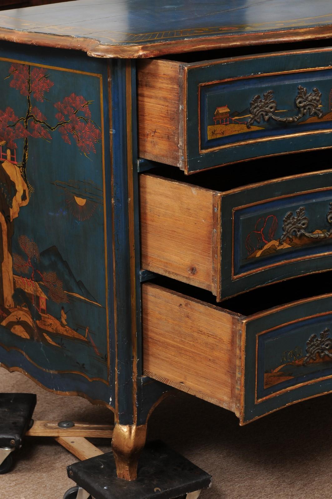 Wood Large Mid 18th Century French Louis XV Blue Lacquered Commode with Chinoiserie  For Sale