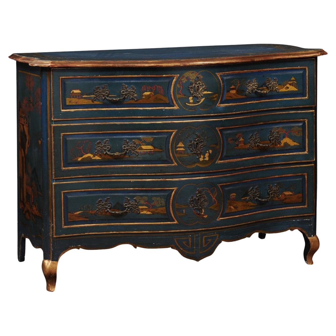 Large Mid 18th Century French Louis XV Blue Lacquered Commode with Chinoiserie 