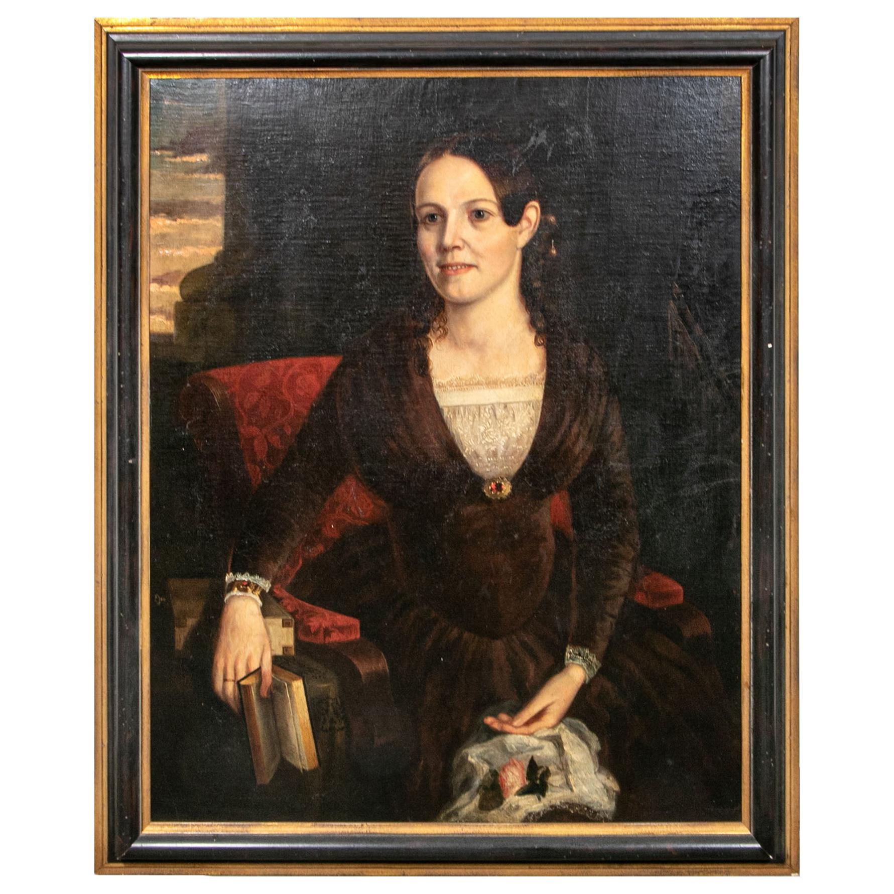 Large Mid-19th Century American School Oil on Canvas, Portrait of Young Woman