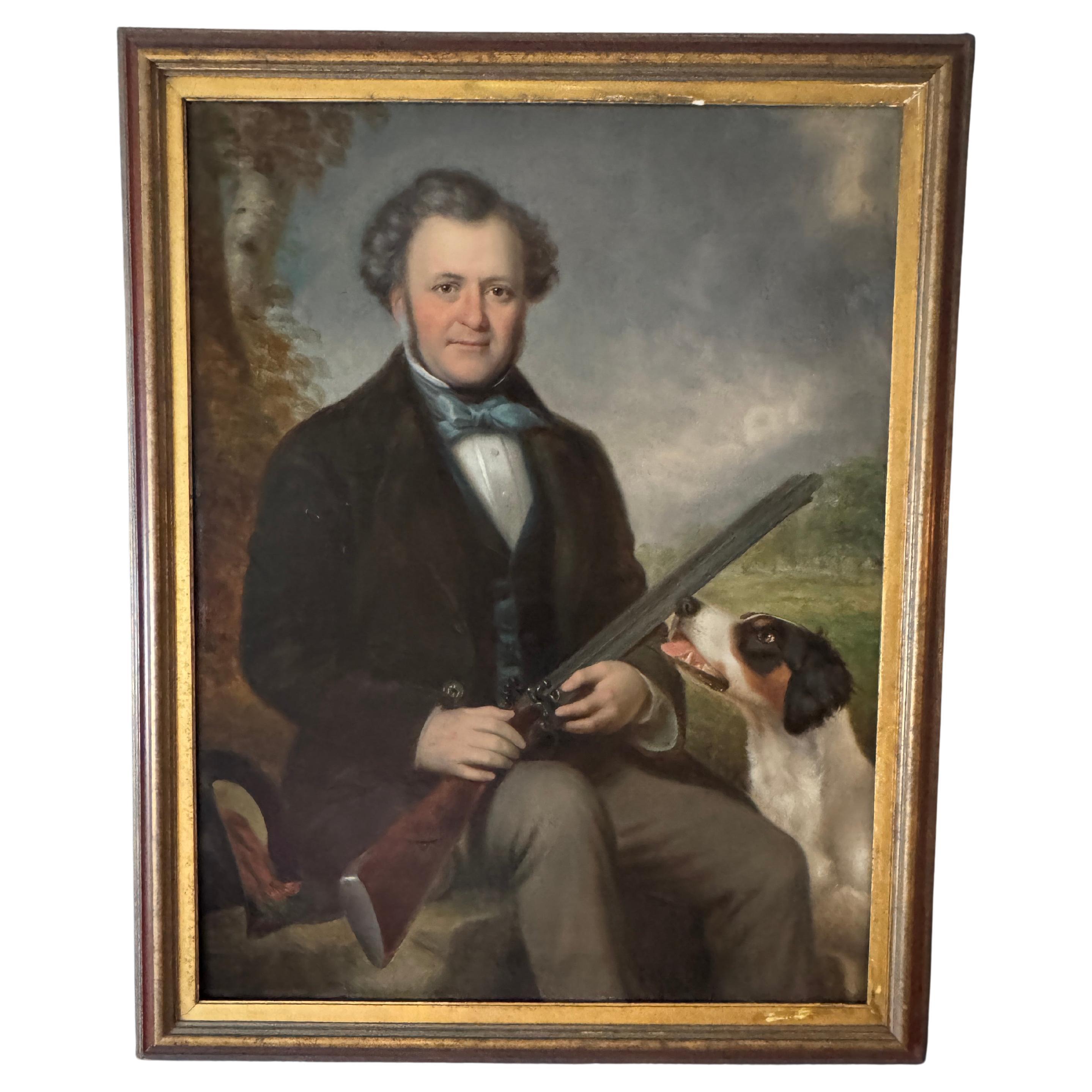 Large Mid-19th Century Oil on Canvas Painting of Scottish Gentleman with Gun For Sale