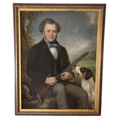 Antique Large Mid-19th Century Oil on Canvas Painting of Scottish Gentleman with Gun