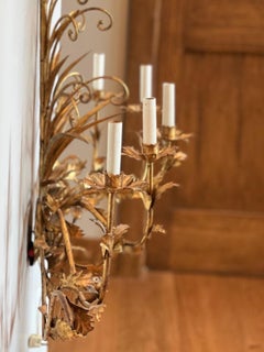 Large Mid 20th C. Italian Gilt Metal Five Arm Floral Tole Wall Light