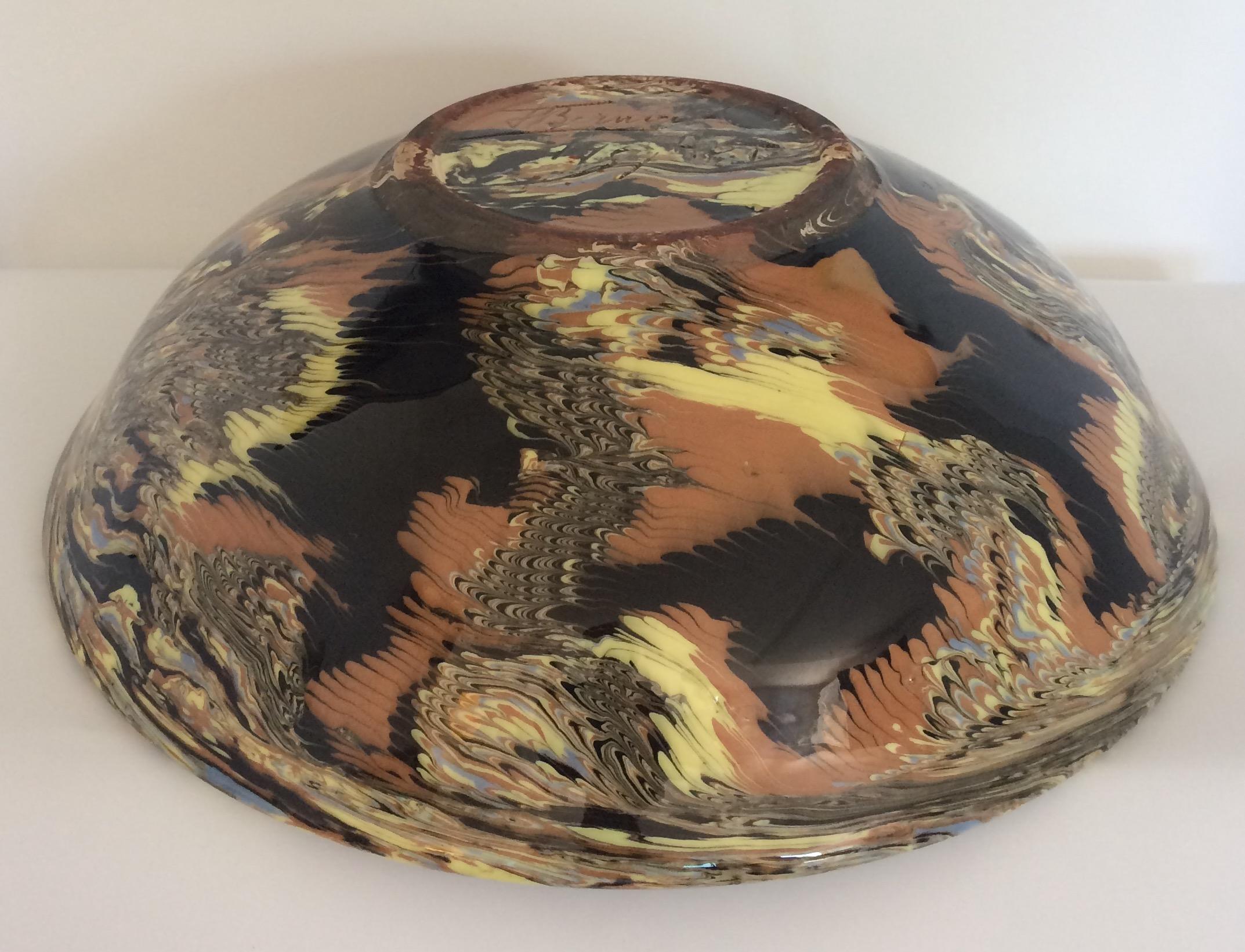 Glazed Large French Midcentury Ceramic Mixed Earths Bowl or Centerpiece, Signed For Sale