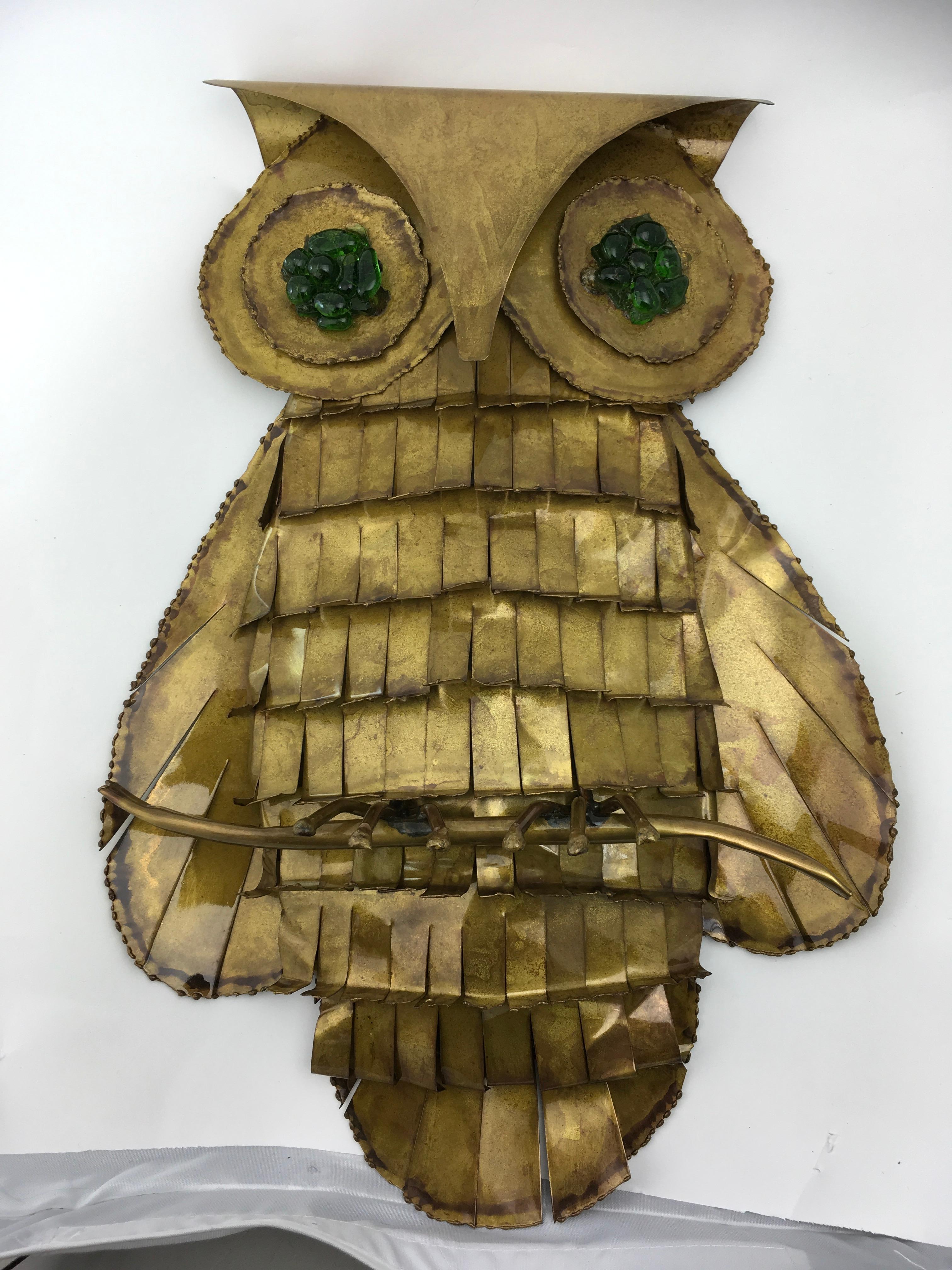 Large Mid-20th Century Brass Owl with Green Glass Eye Wall Sculpture Jere Style 9