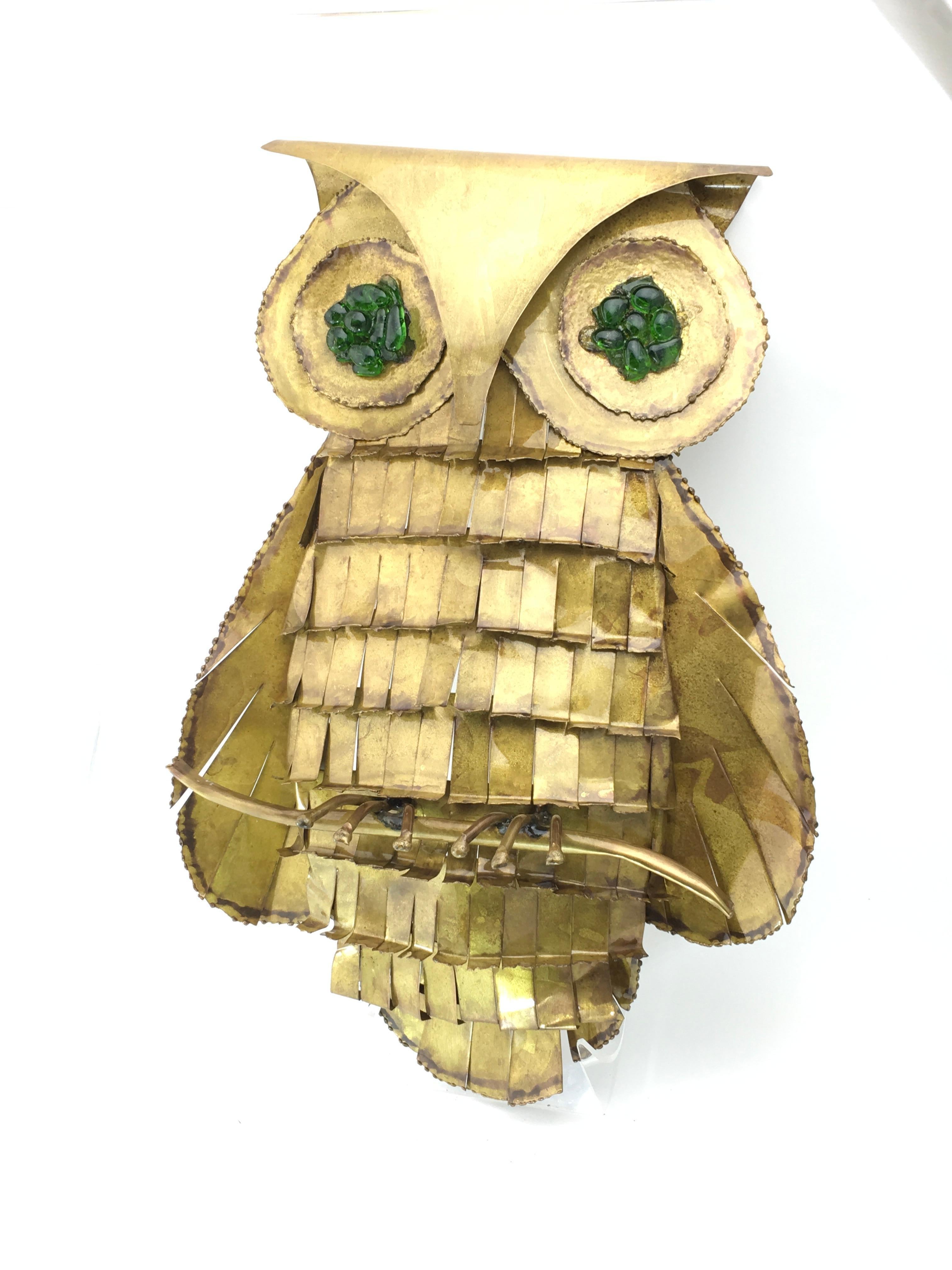 Mid-Century Modern large brass owl wall sculpture attributed to C. Jere.