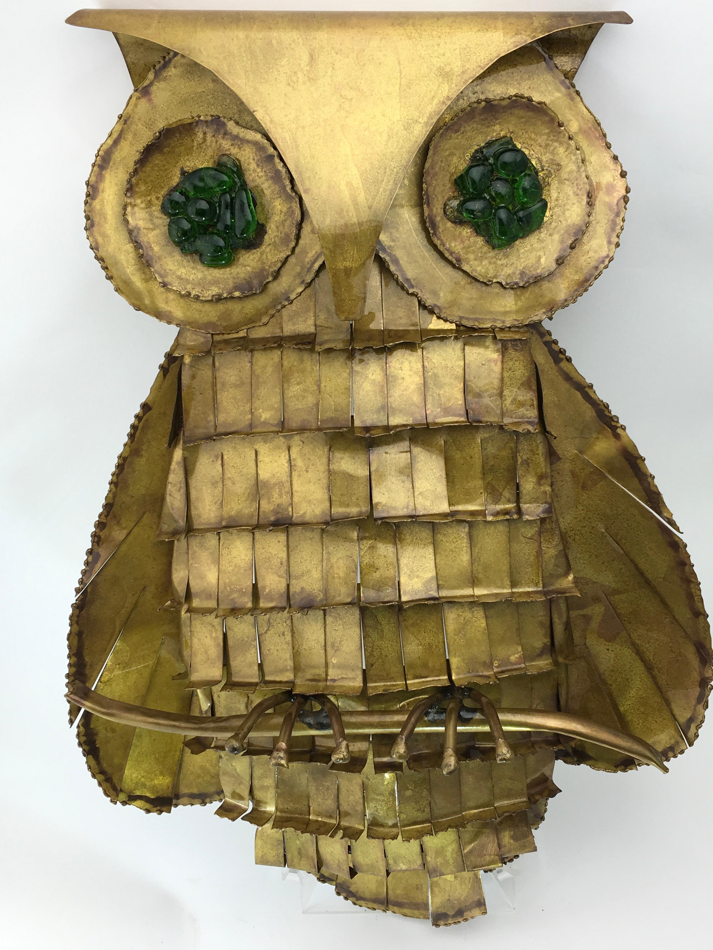 Mid-Century Modern Large Mid-20th Century Brass Owl with Green Glass Eye Wall Sculpture Jere Style
