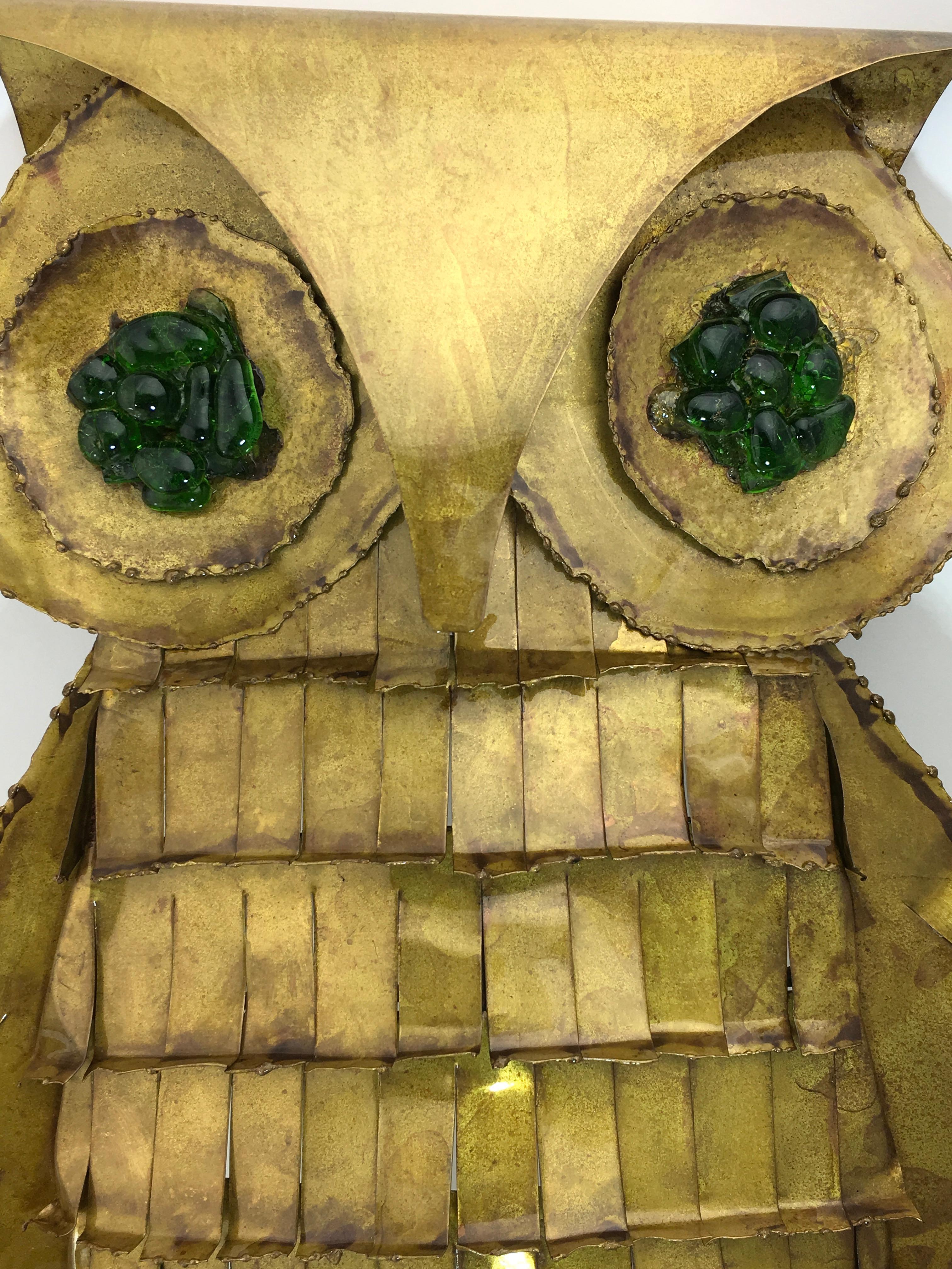 Large Mid-20th Century Brass Owl with Green Glass Eye Wall Sculpture Jere Style 2