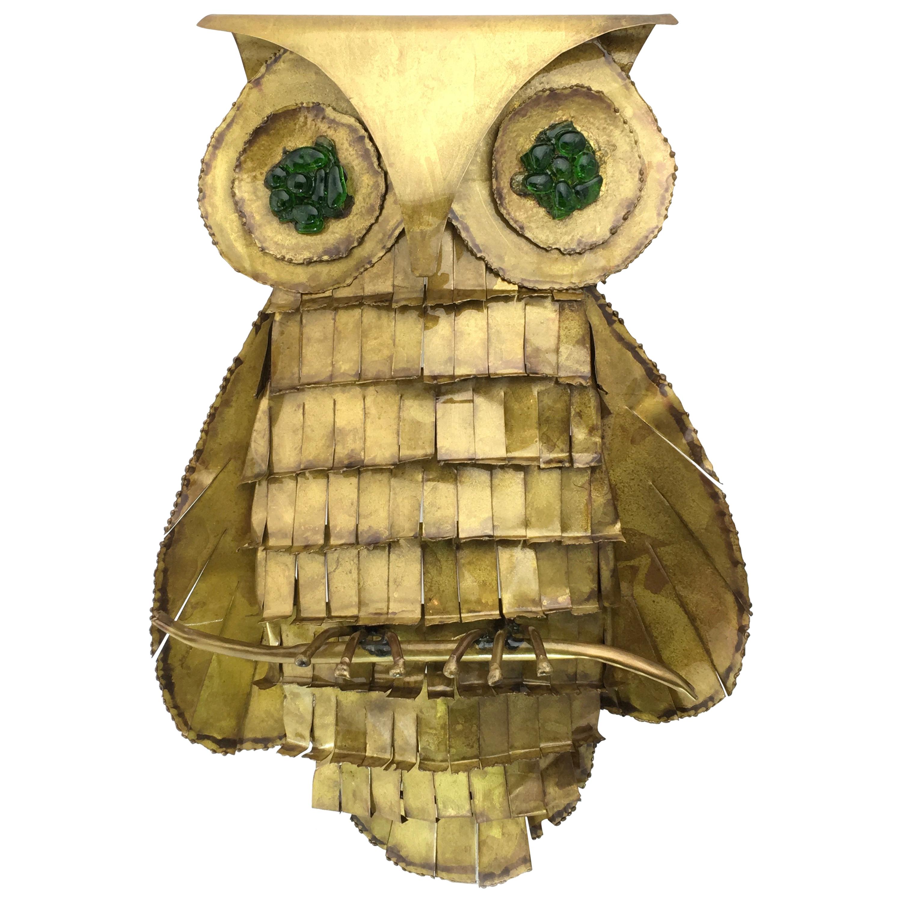 Large Mid-20th Century Brass Owl with Green Glass Eye Wall Sculpture Jere Style