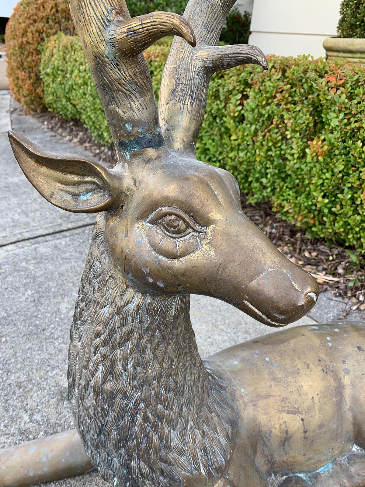 Large Mid-20th Century Brass Recumbent Deer Sculpture, circa 1970s In Good Condition In Atlanta, GA