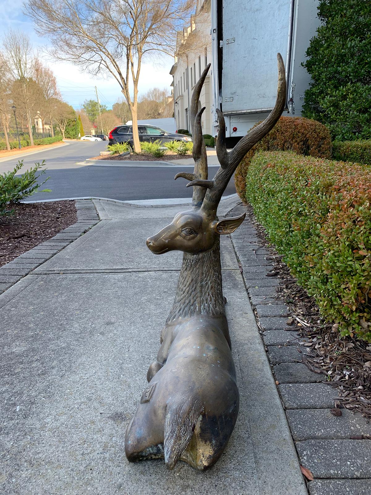 Large Mid-20th Century Brass Recumbent Deer Sculpture, circa 1970s 1