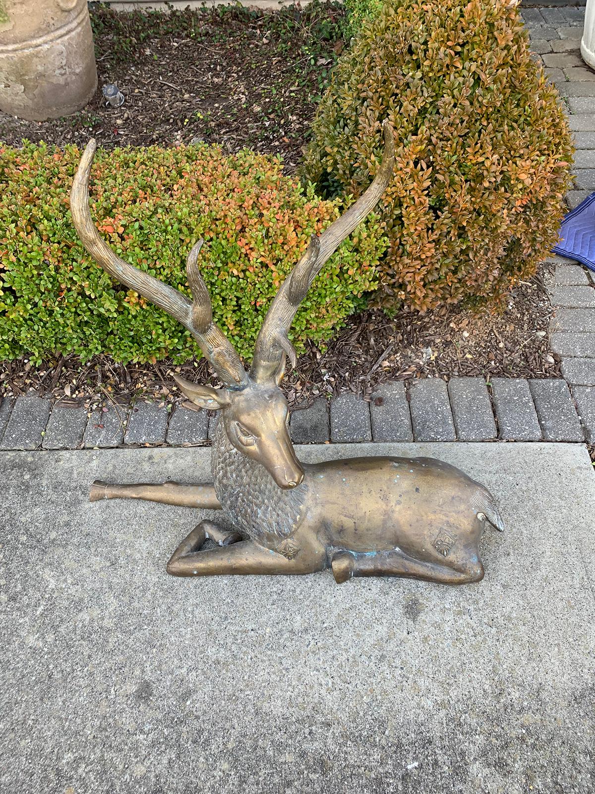Large Mid-20th Century Brass Recumbent Deer Sculpture, circa 1970s 3