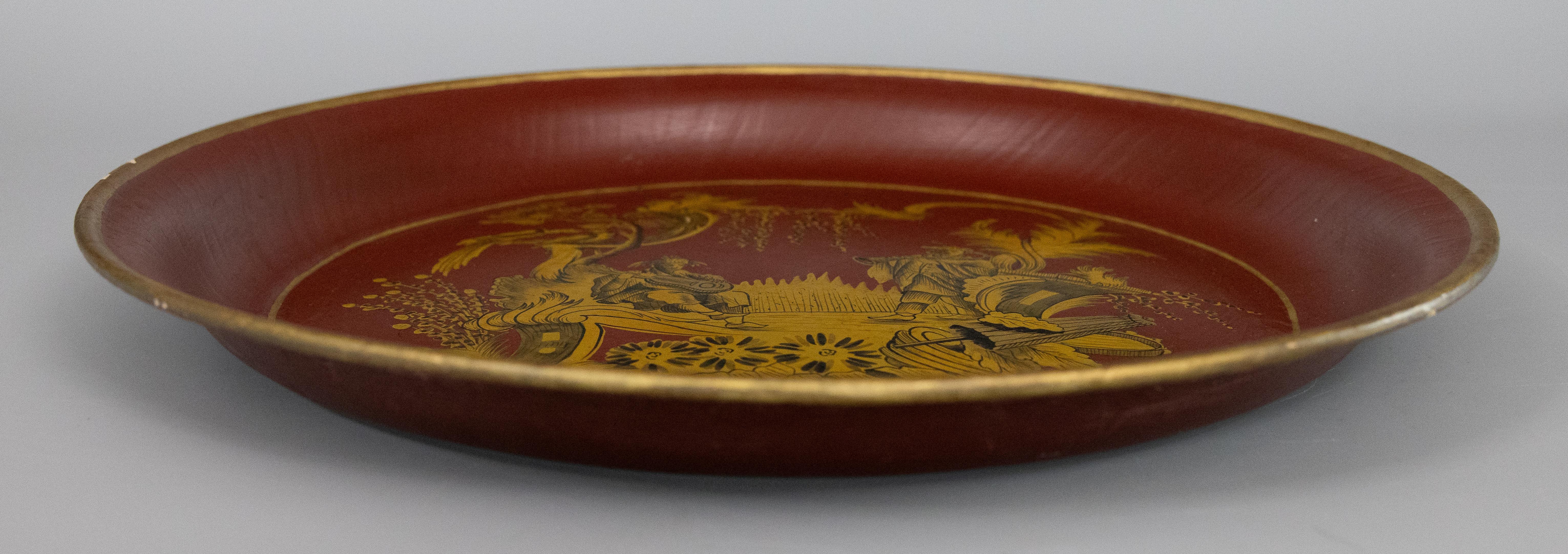 Gilt Large Mid-20th Century Chinoiserie Round Red Tole Tray For Sale