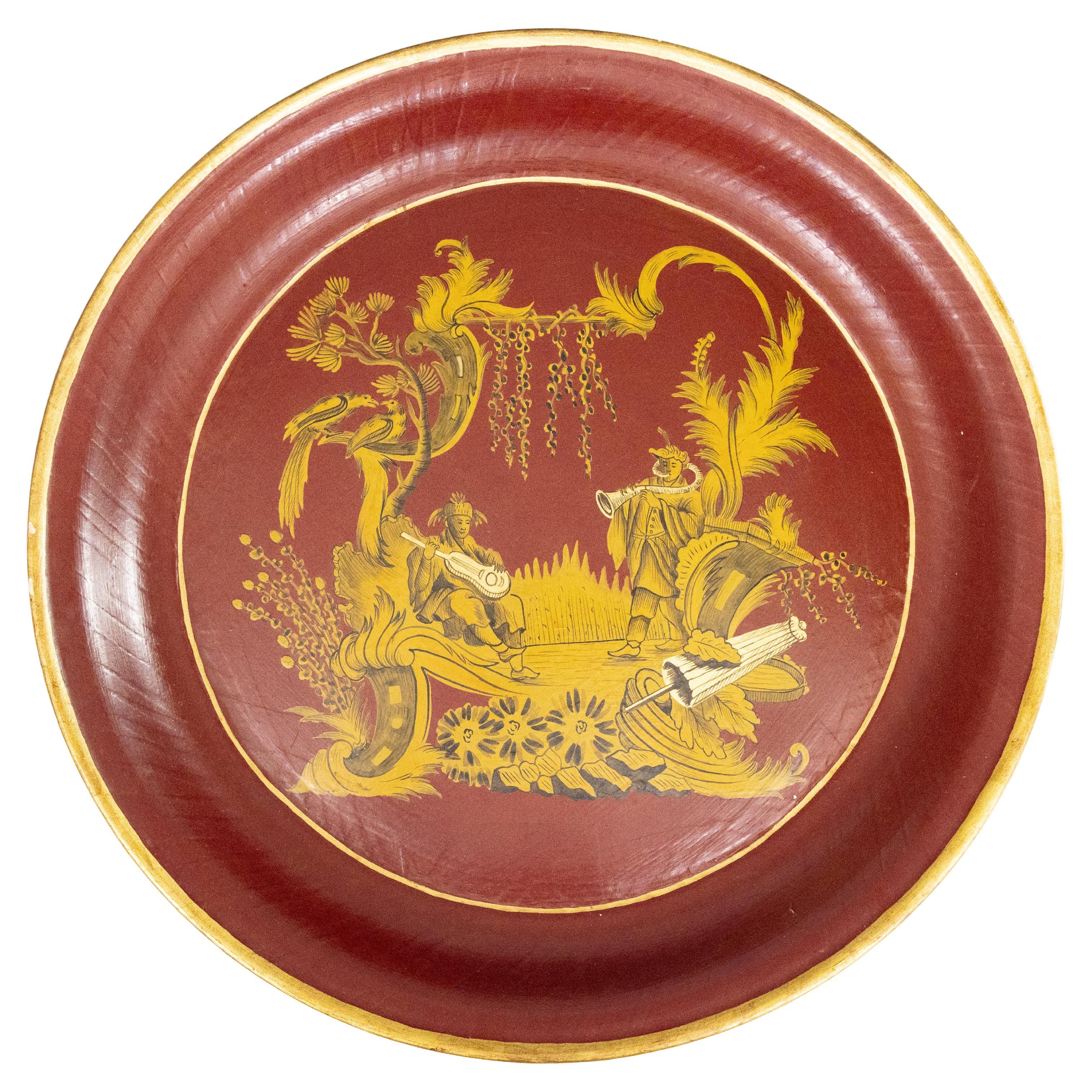 Large Mid-20th Century Chinoiserie Round Red Tole Tray