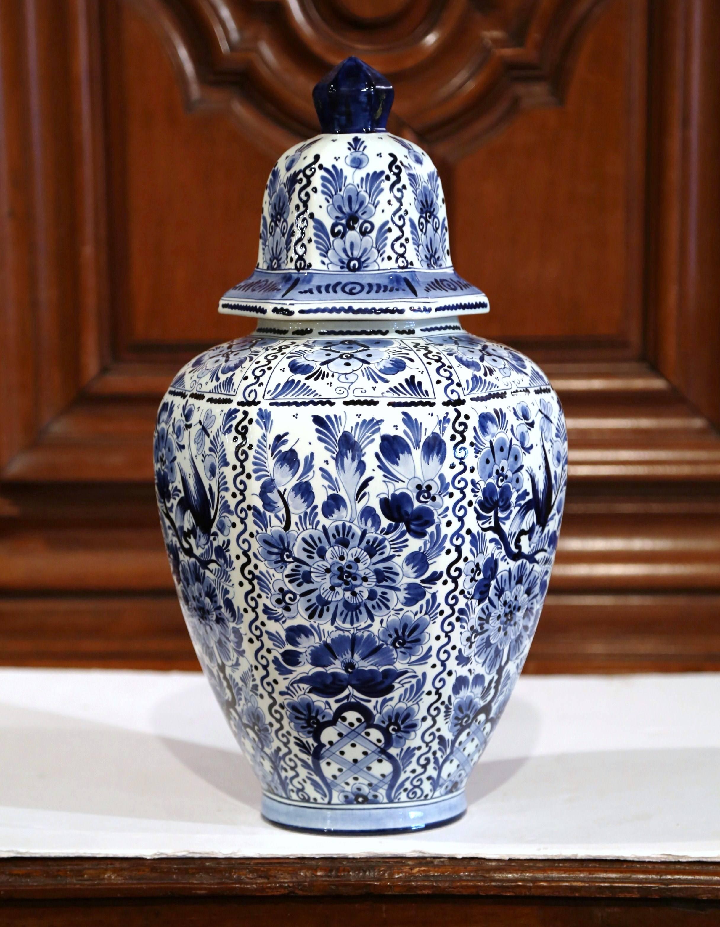 Large Mid-20th Century Dutch Blue and White Faience Delft Ginger Jar with Top 1
