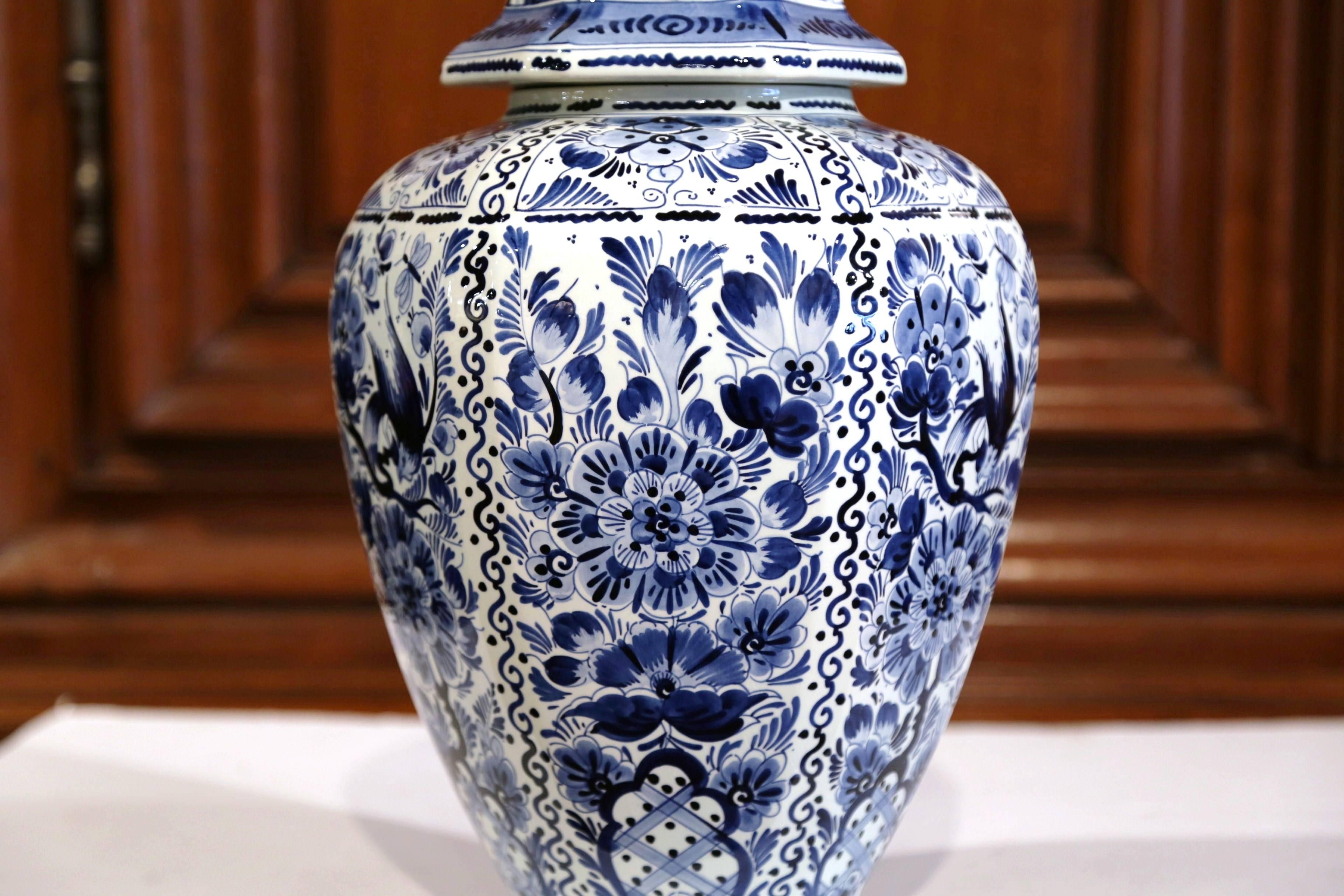 Large Mid-20th Century Dutch Blue and White Faience Delft Ginger Jar with Top 2