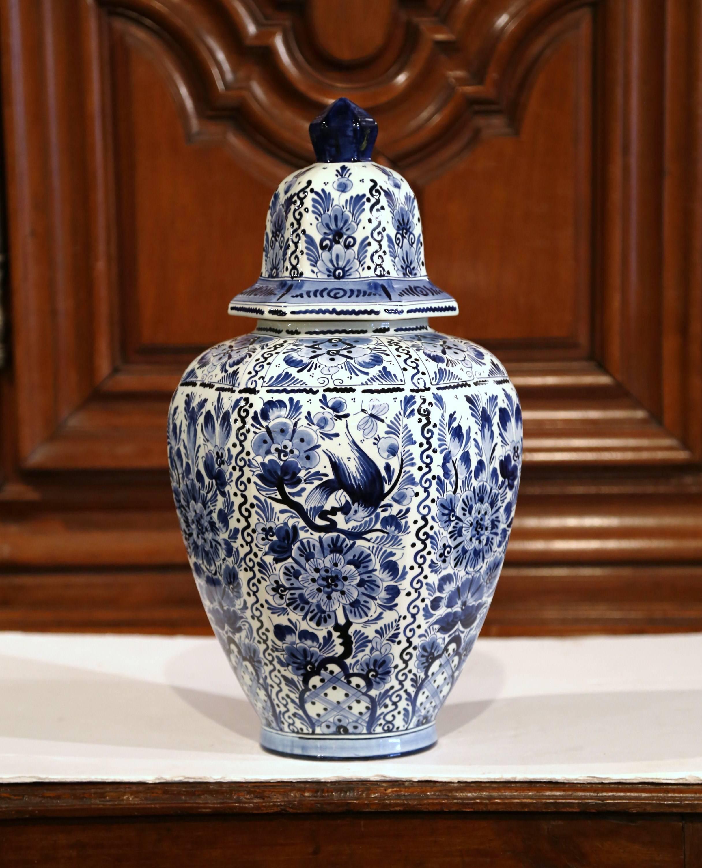 Large Mid-20th Century Dutch Blue and White Faience Delft Ginger Jar with Top 4