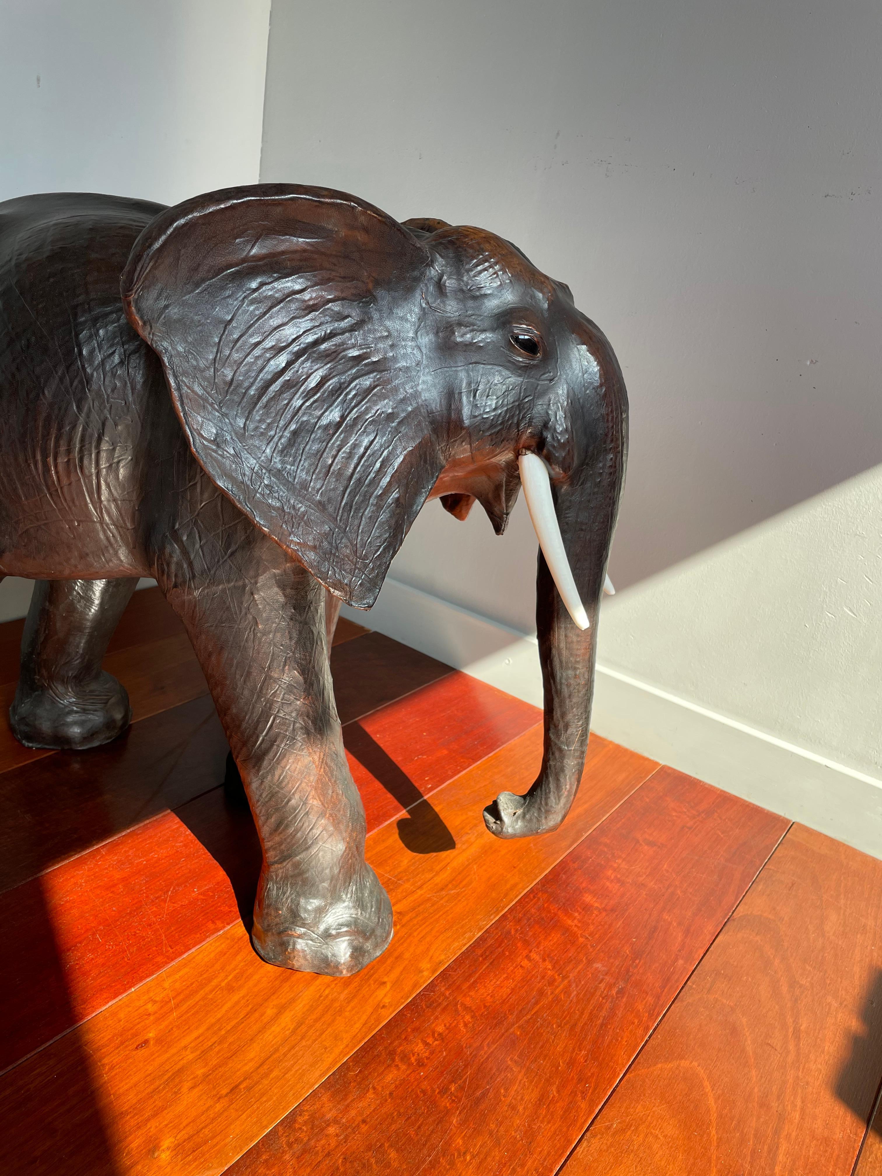 Large Mid 20th Century Elephant Sculpture Leather on Hand-Carved Wood 8