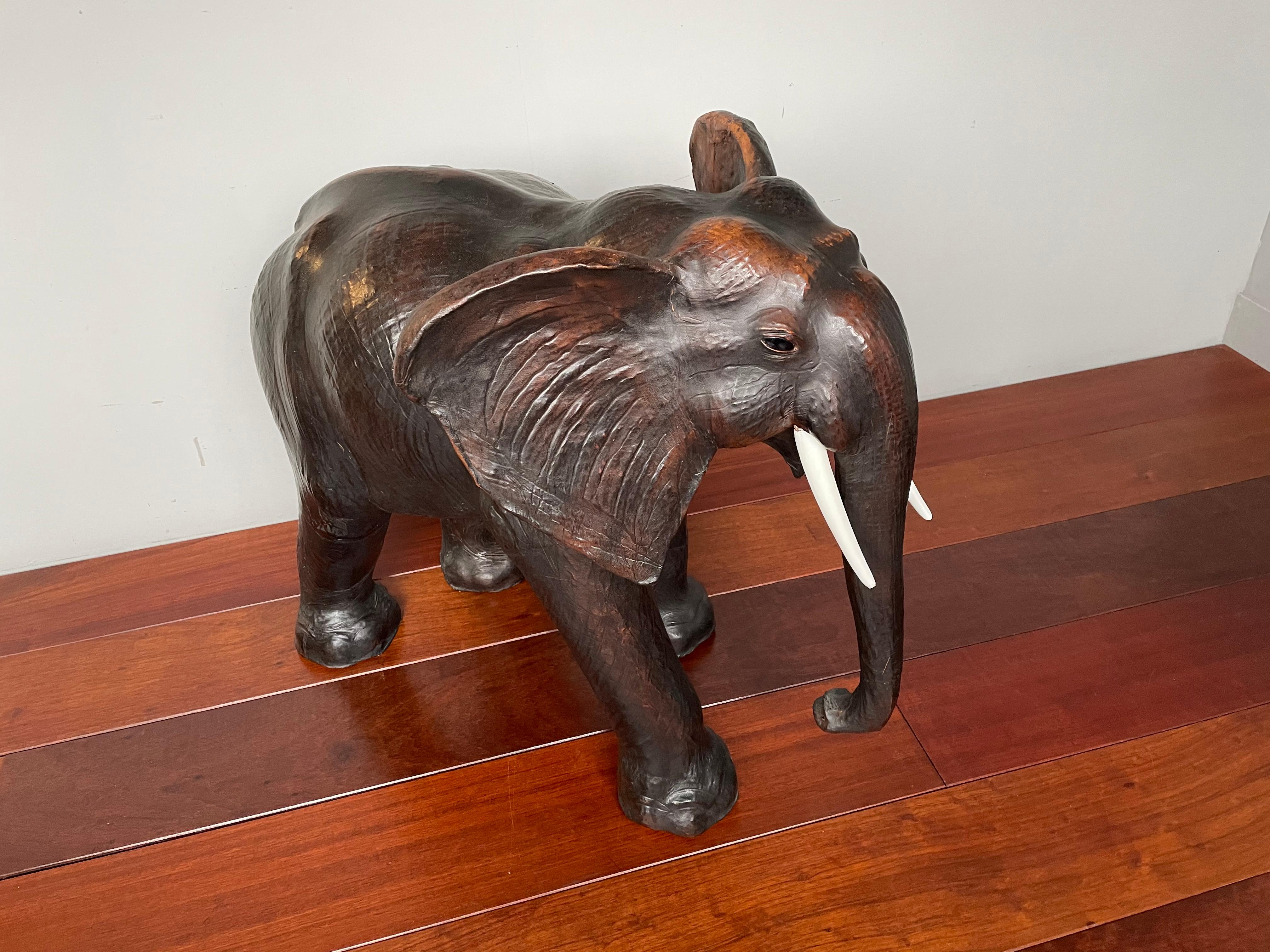 Large Mid 20th Century Elephant Sculpture Leather on Hand-Carved Wood 9