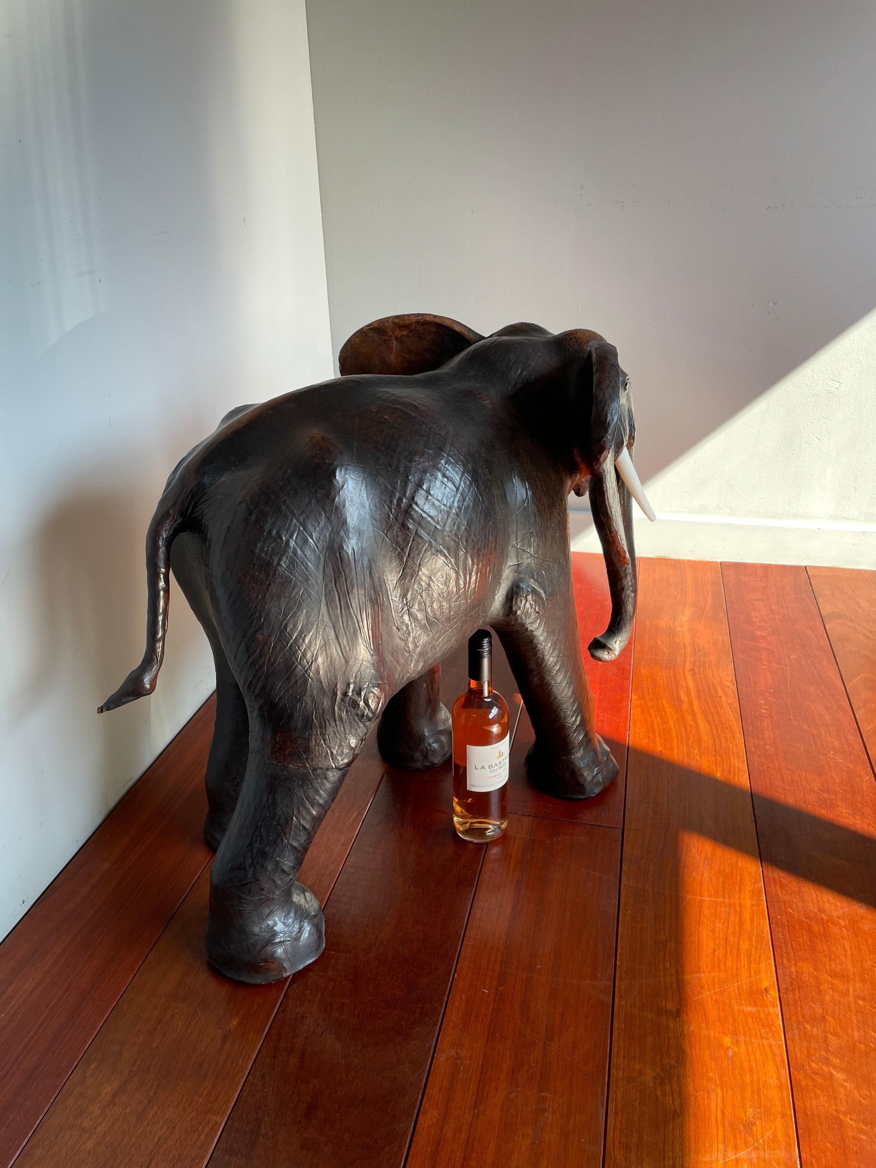 Large Mid 20th Century Elephant Sculpture Leather on Hand-Carved Wood 10