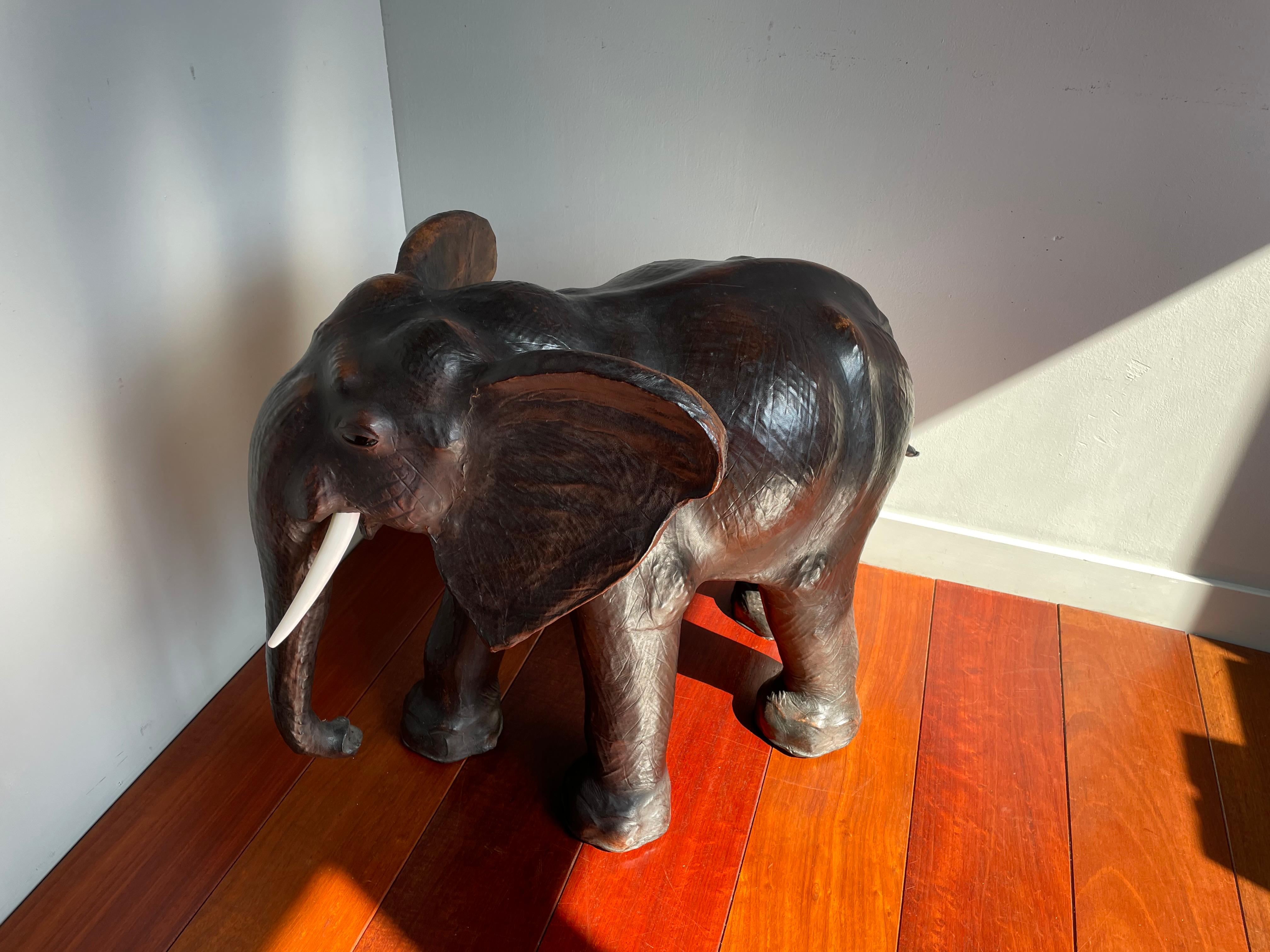 Large Mid 20th Century Elephant Sculpture Leather on Hand-Carved Wood 11