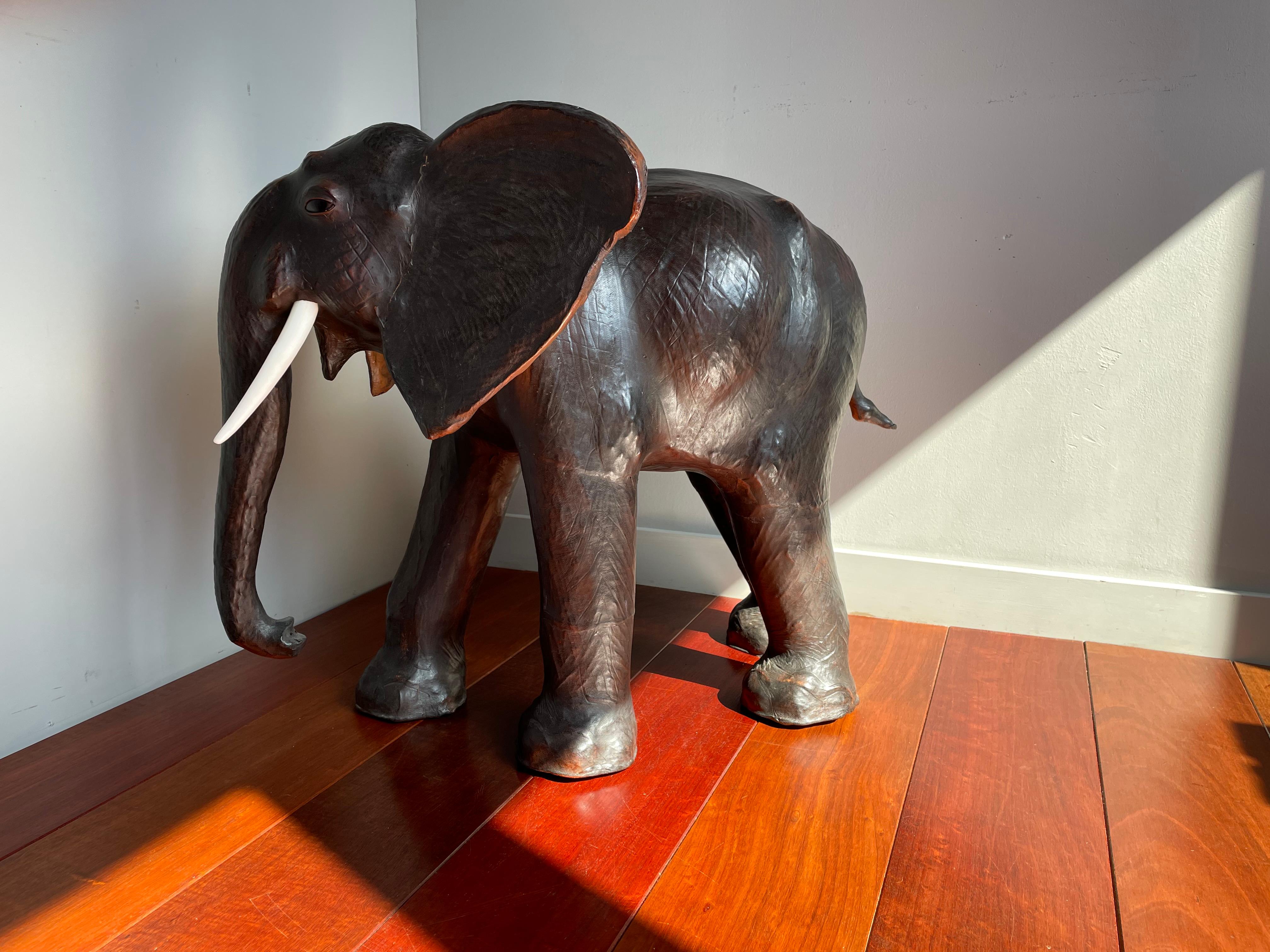 Large Mid 20th Century Elephant Sculpture Leather on Hand-Carved Wood 14
