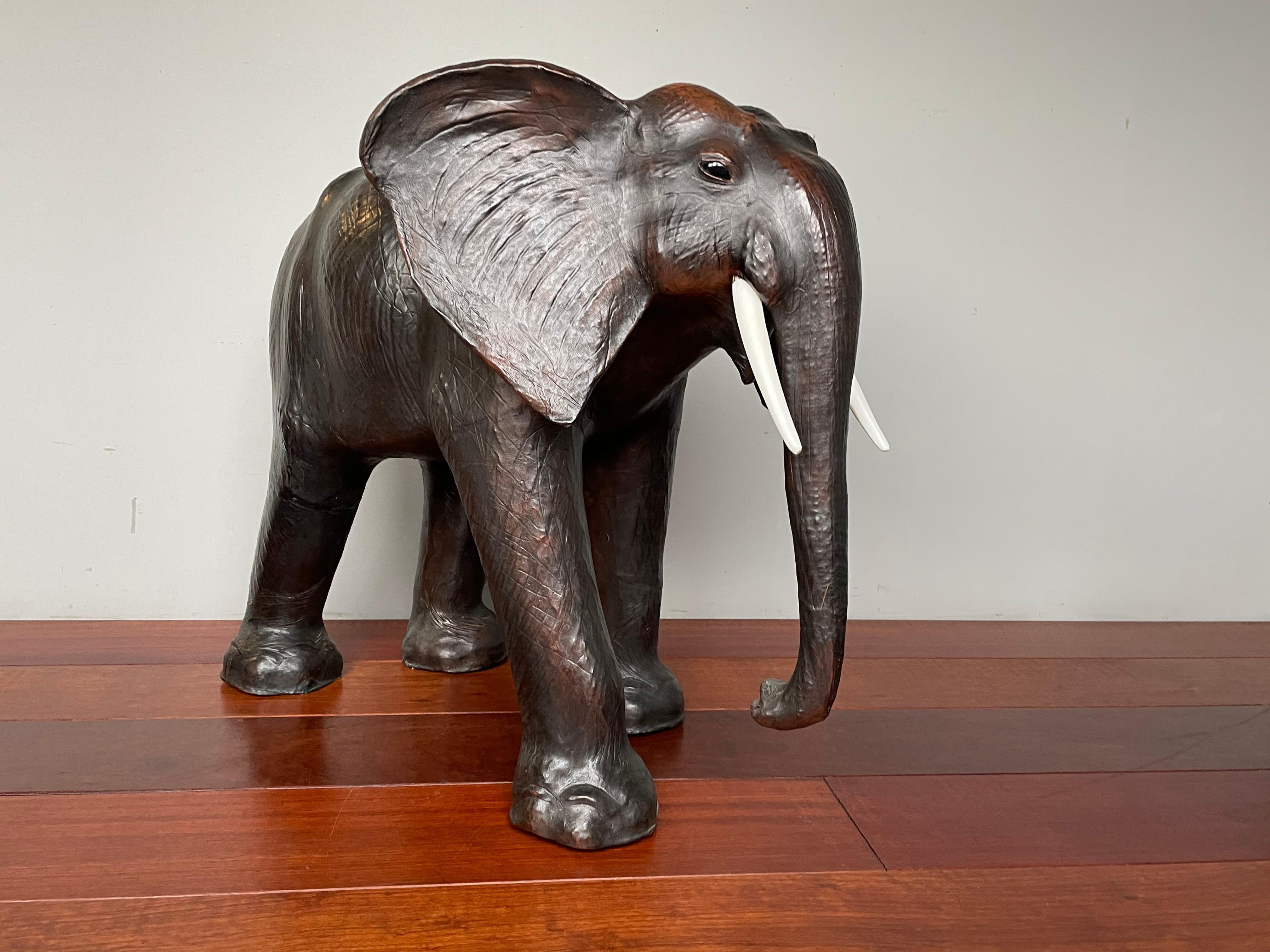 Large Mid 20th Century Elephant Sculpture Leather on Hand-Carved Wood 15