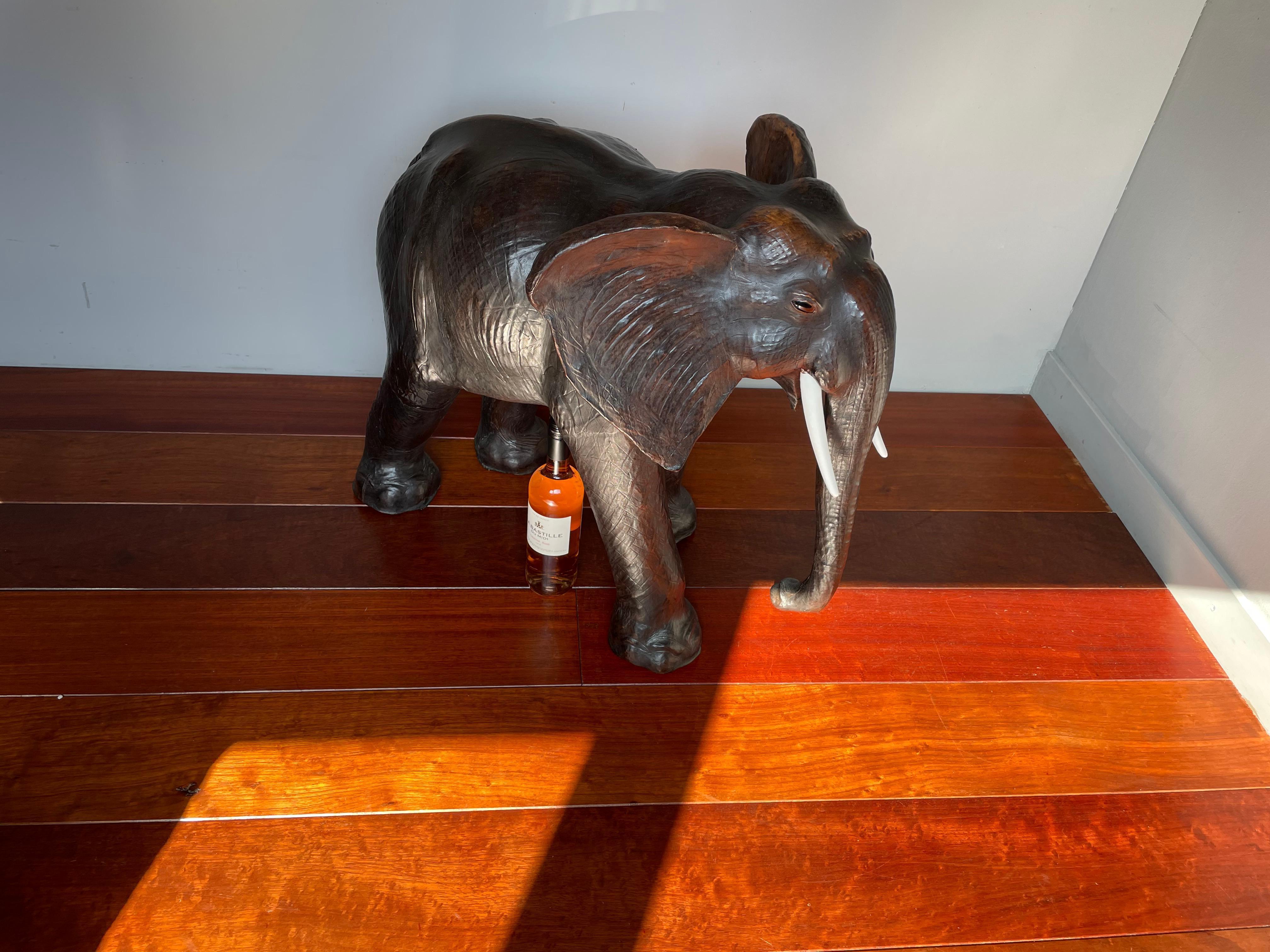 Large Mid 20th Century Elephant Sculpture Leather on Hand-Carved Wood In Excellent Condition In Lisse, NL