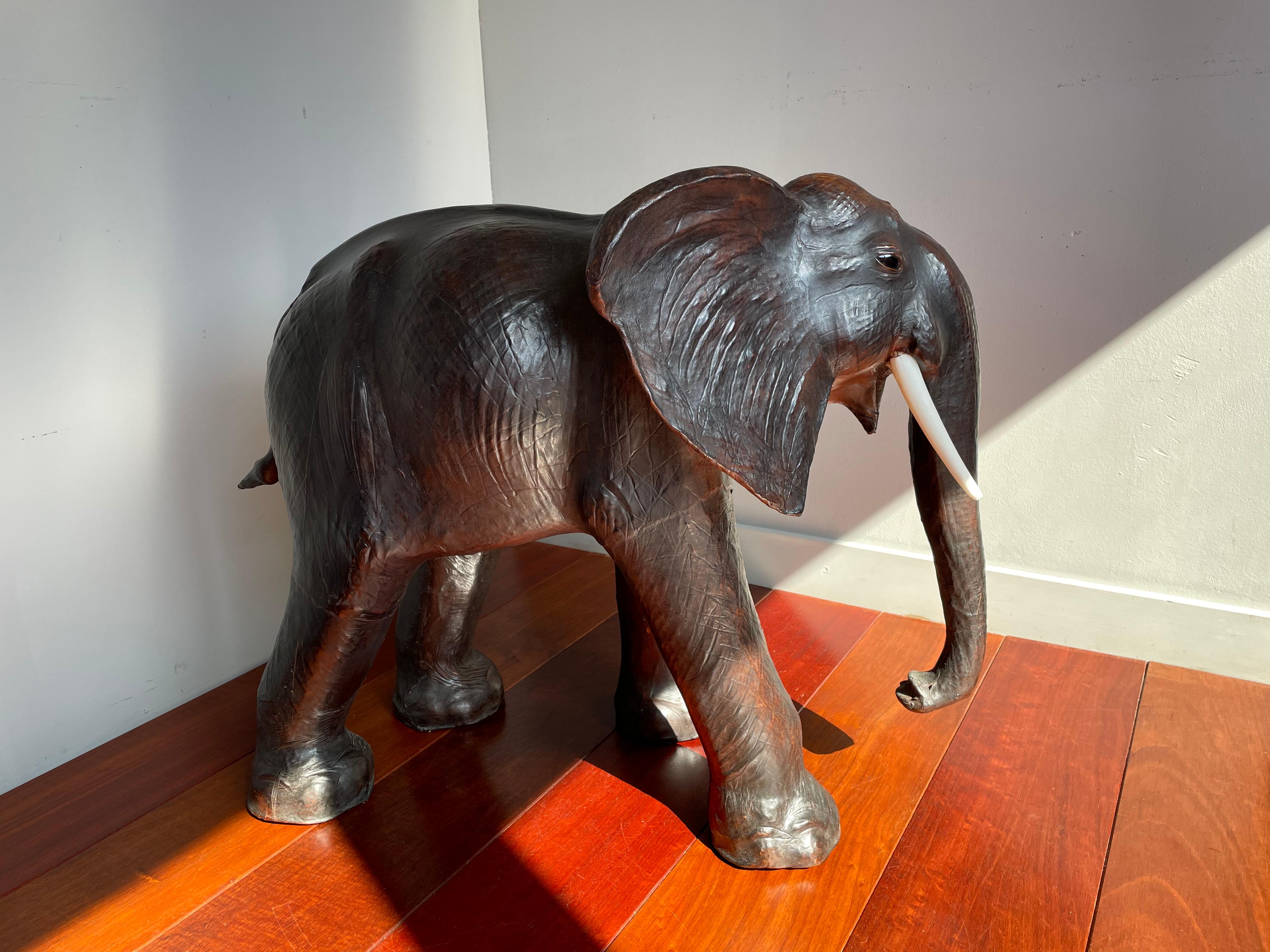 Large Mid 20th Century Elephant Sculpture Leather on Hand-Carved Wood 1