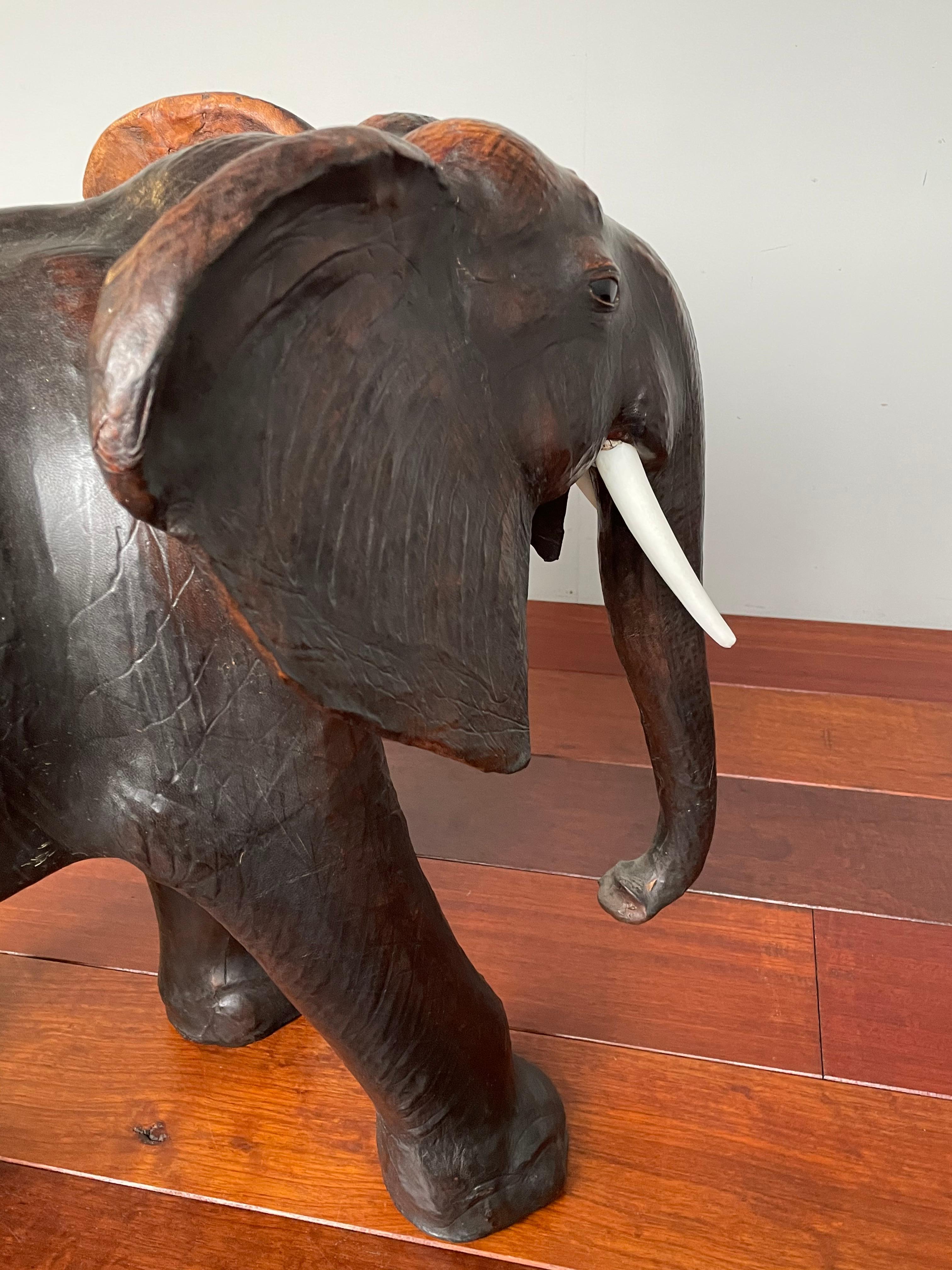 Large Mid 20th Century Elephant Sculpture Leather on Hand-Carved Wood 3