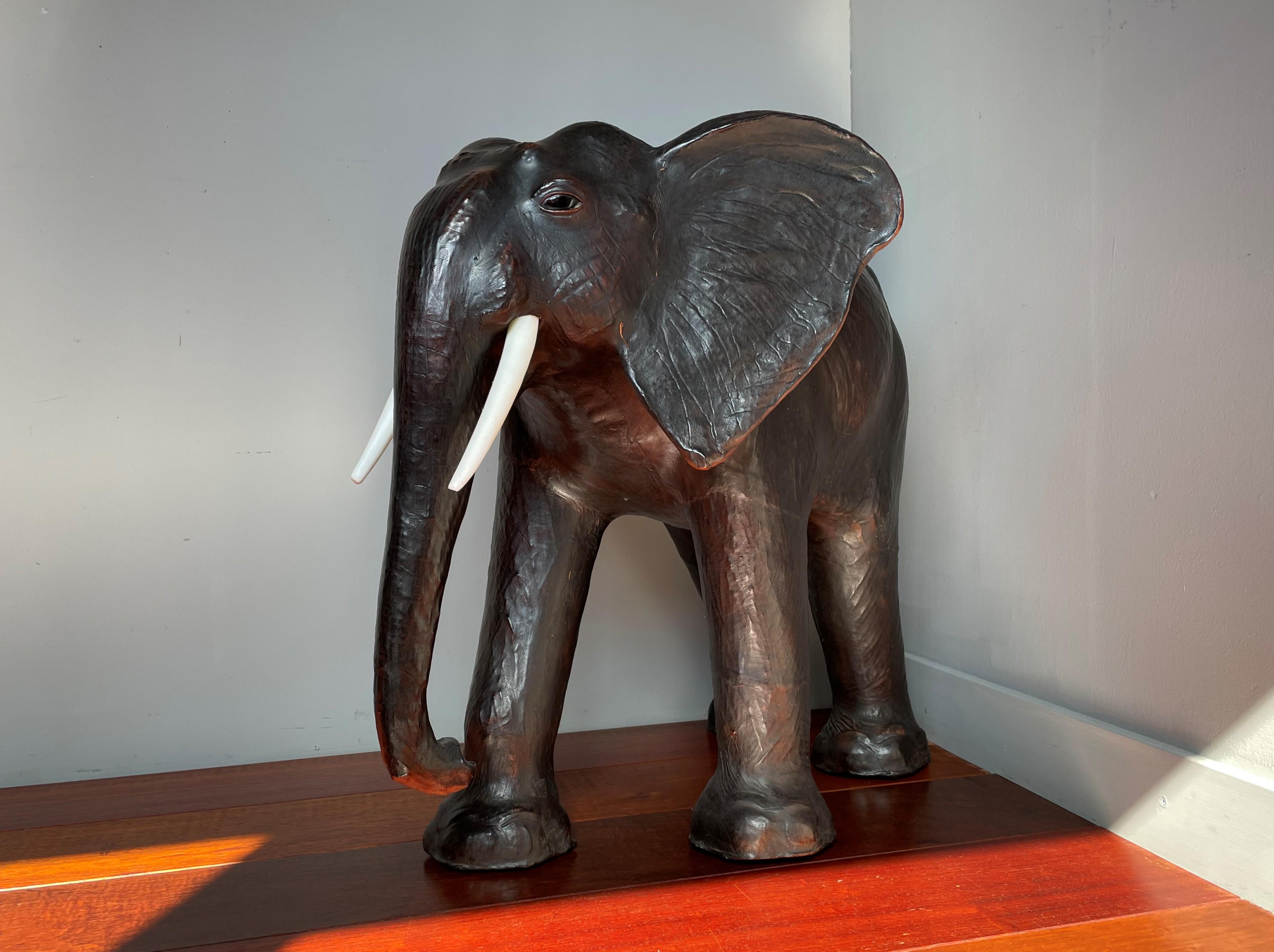 Large Mid 20th Century Elephant Sculpture Leather on Hand-Carved Wood 6