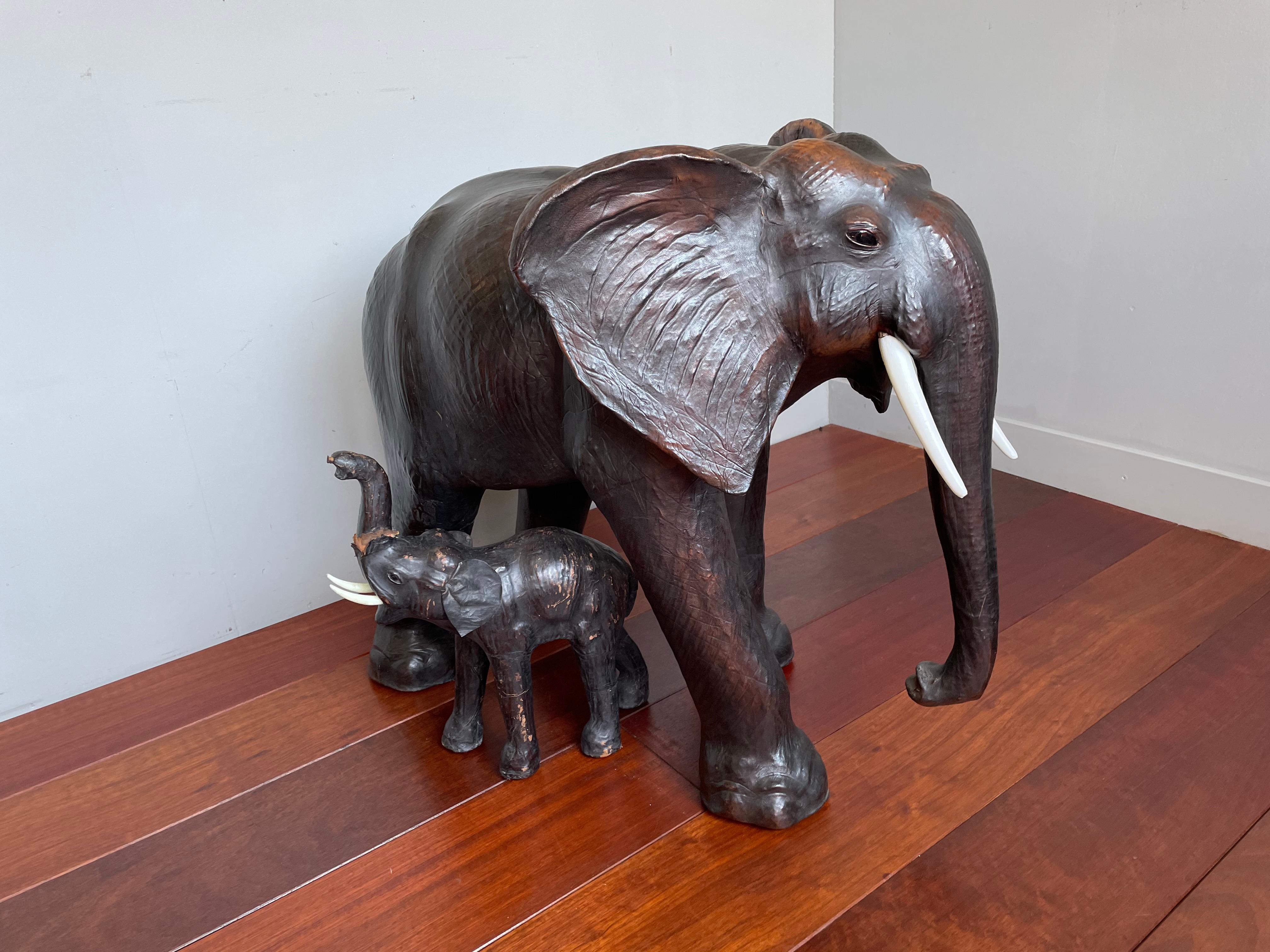 Large Mid 20th Century Elephant Sculpture Leather on Hand-Carved Wood 5