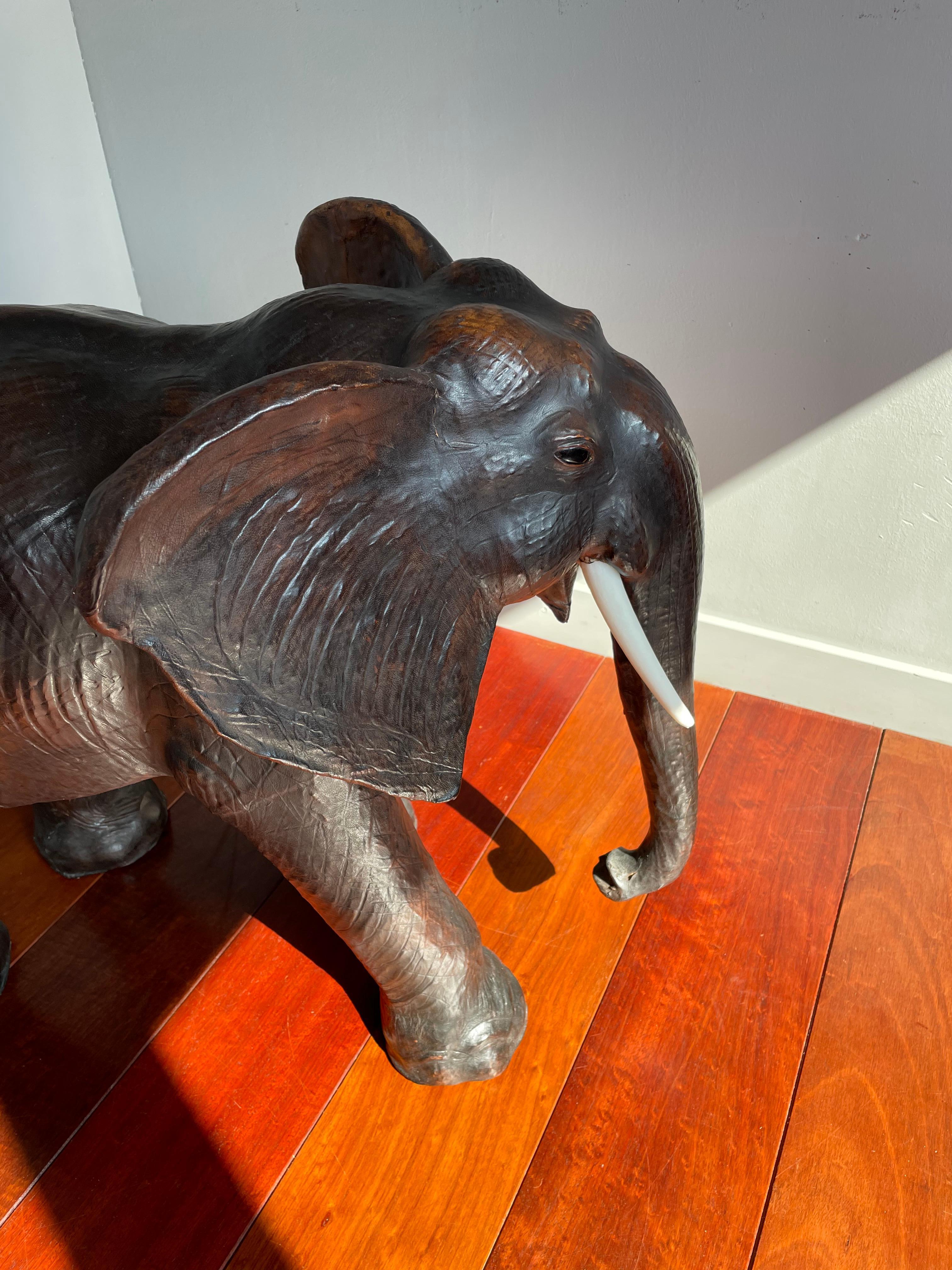 Large Mid 20th Century Elephant Sculpture Leather on Hand-Carved Wood 7