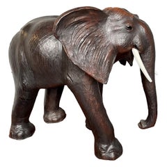 Large Mid 20th Century Elephant Sculpture Leather on Hand-Carved Wood