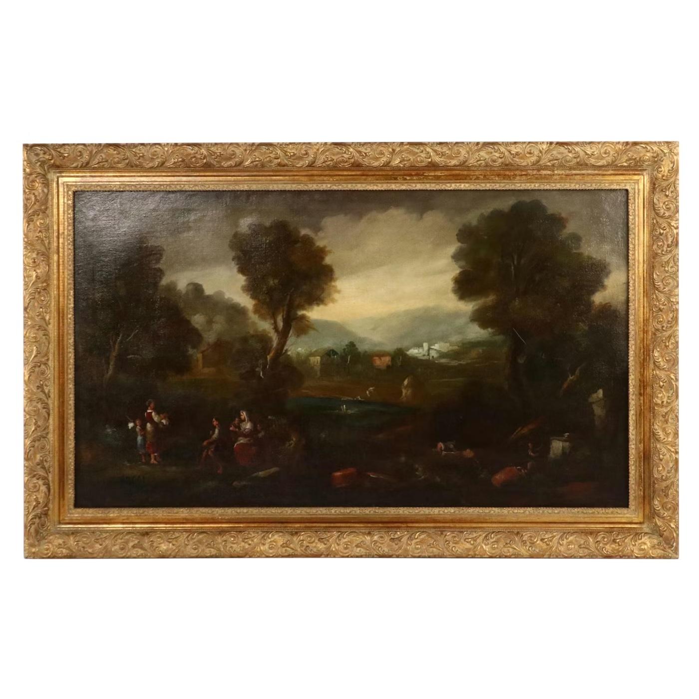 A beautiful mid-20th-century European landscape painting in the romantic classical style, depicting figures and livestock beside a tranquil pond beneath sweeping skies and distant hills. Executed in oil on burlap or coarse canvas, the work recalls