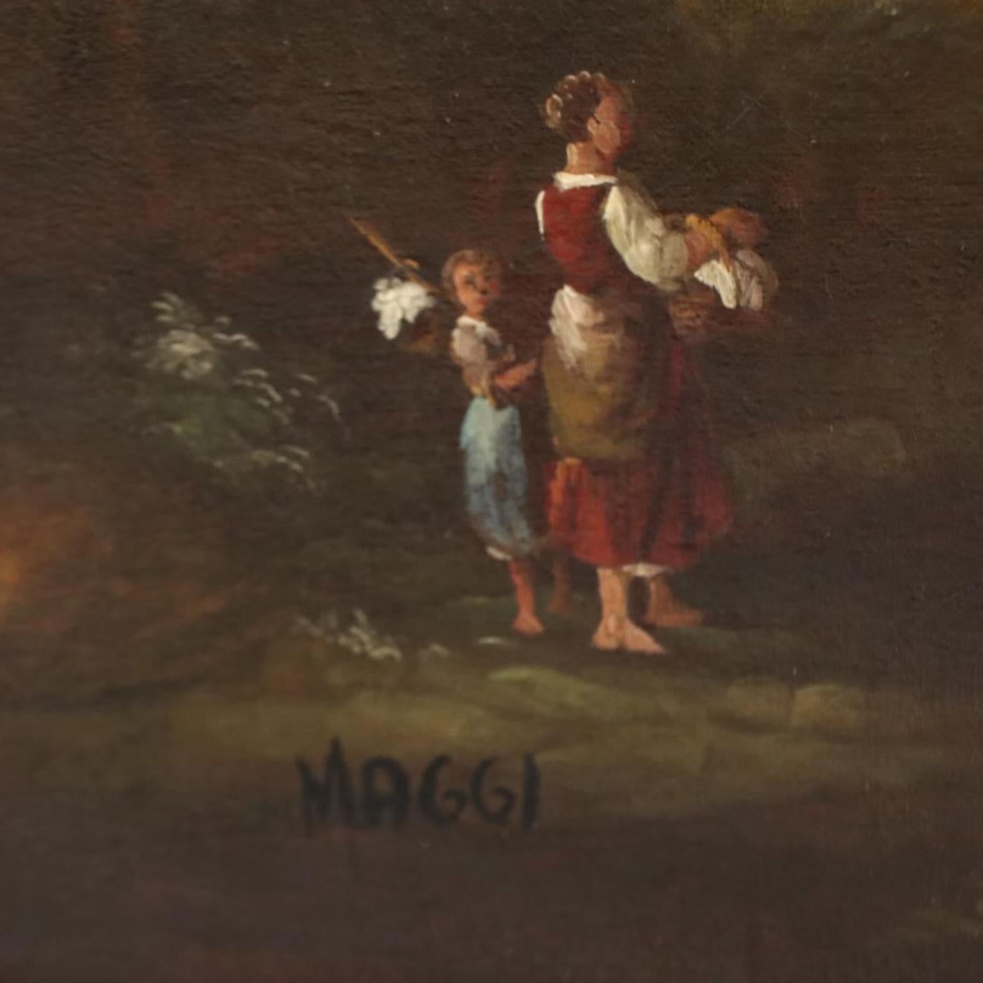 Large Mid-20th Century European Romantic Landscape Painting, Oil on Canvas In Good Condition For Sale In Elkhart, IN