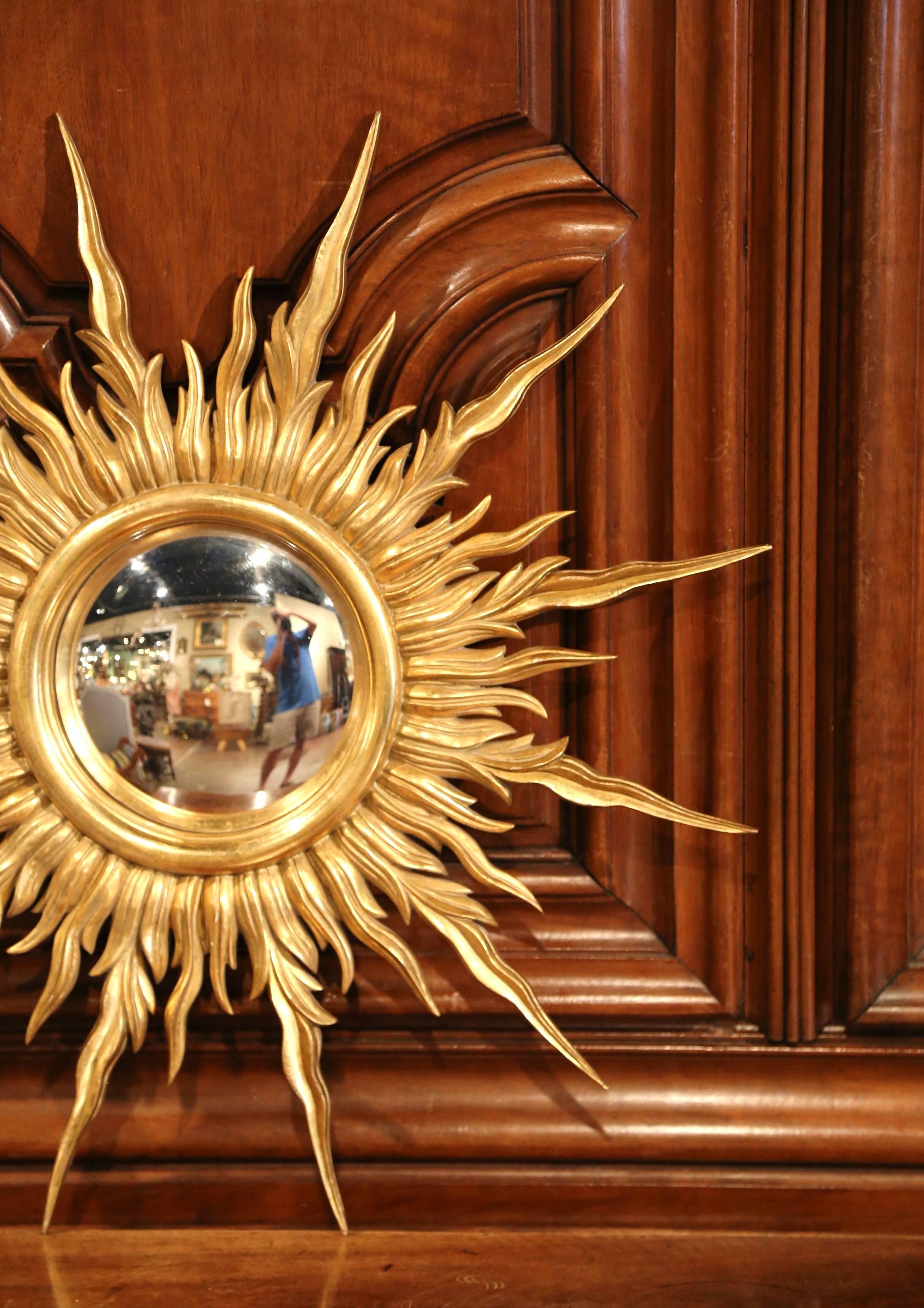 Large Mid-20th Century French Carved Sunburst Mirror with Gilt Finish 2