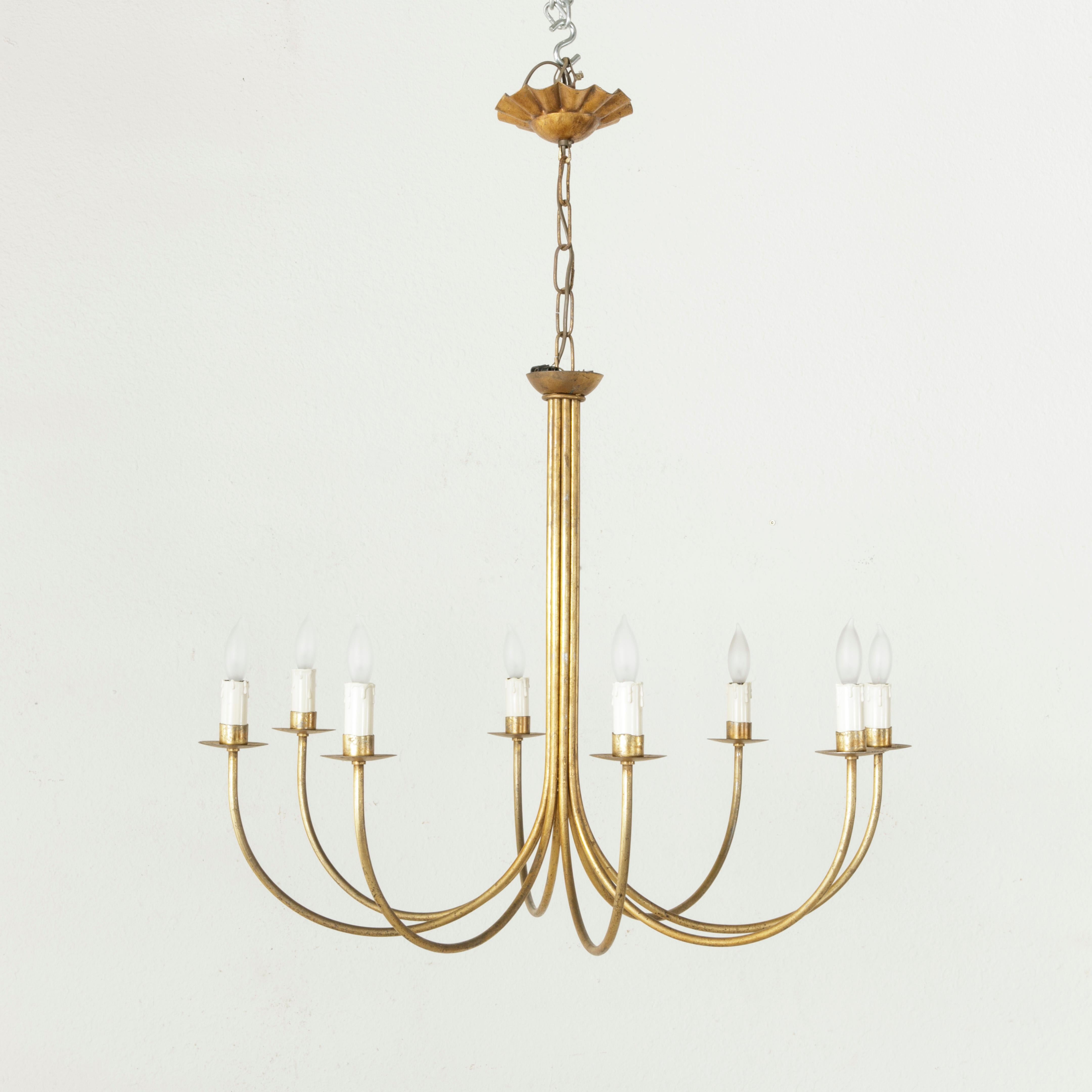 Mid-Century Modern Large Mid-20th Century French Gilt Metal Chandelier with Eight Lights