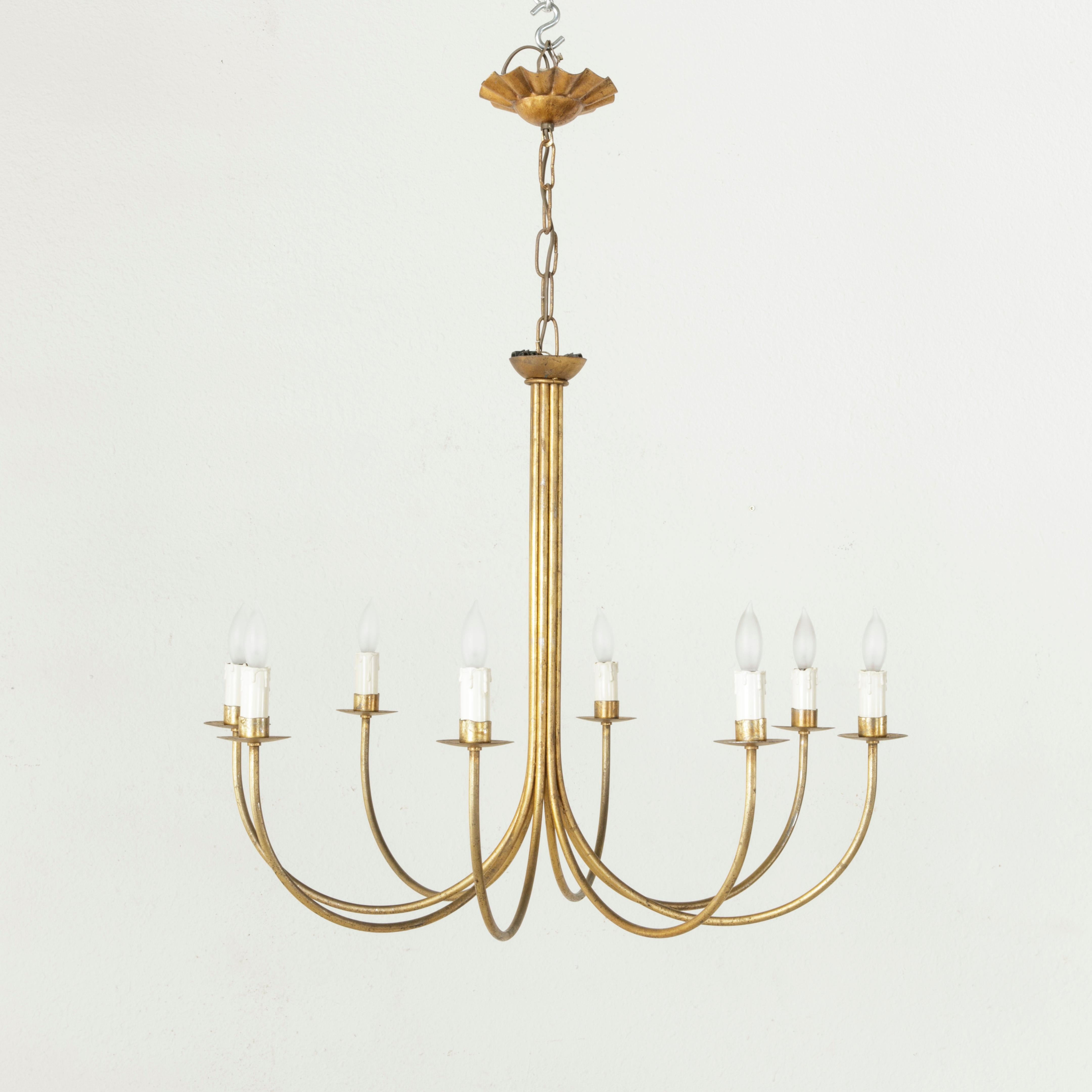 Large Mid-20th Century French Gilt Metal Chandelier with Eight Lights In Good Condition In Fayetteville, AR