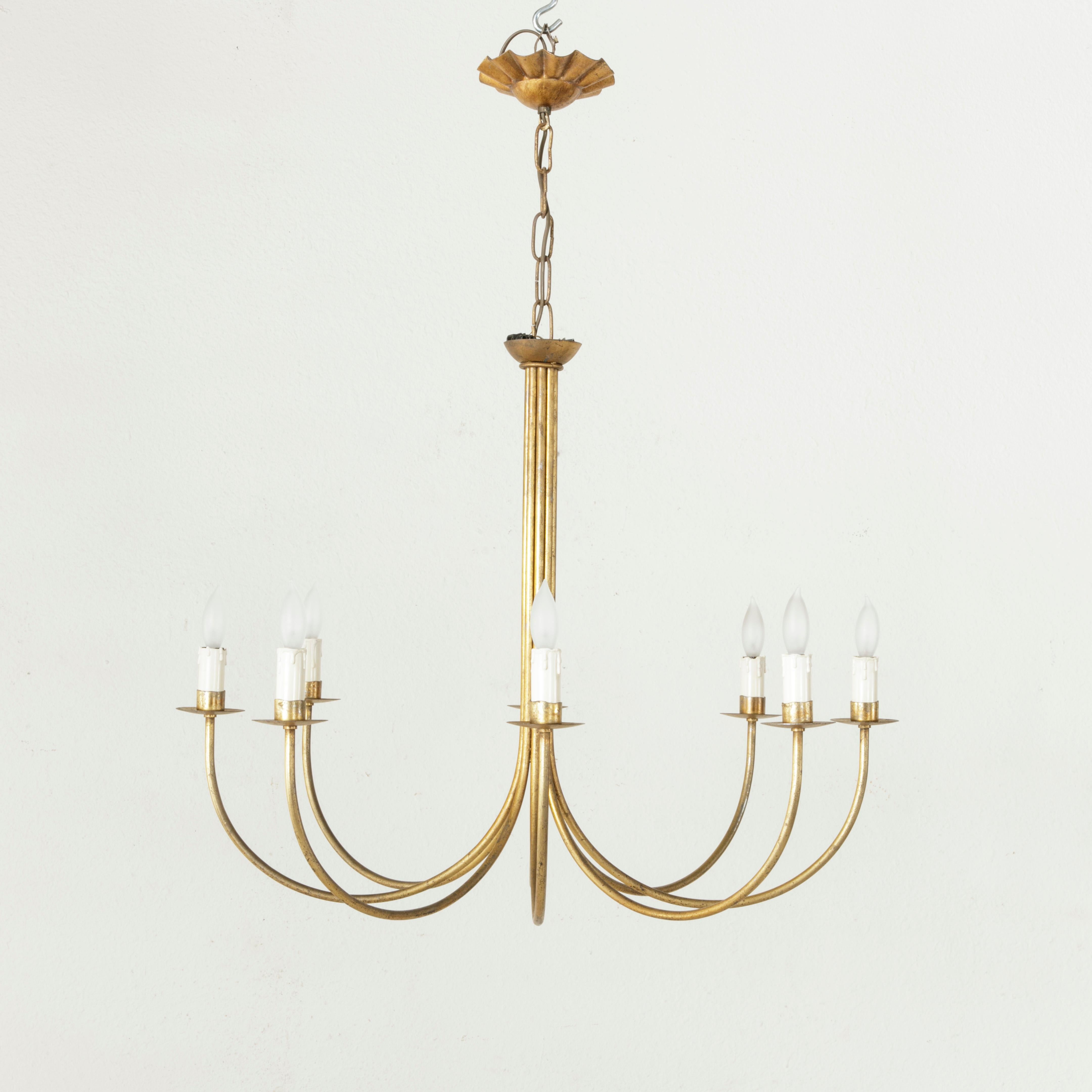 Large Mid-20th Century French Gilt Metal Chandelier with Eight Lights 1