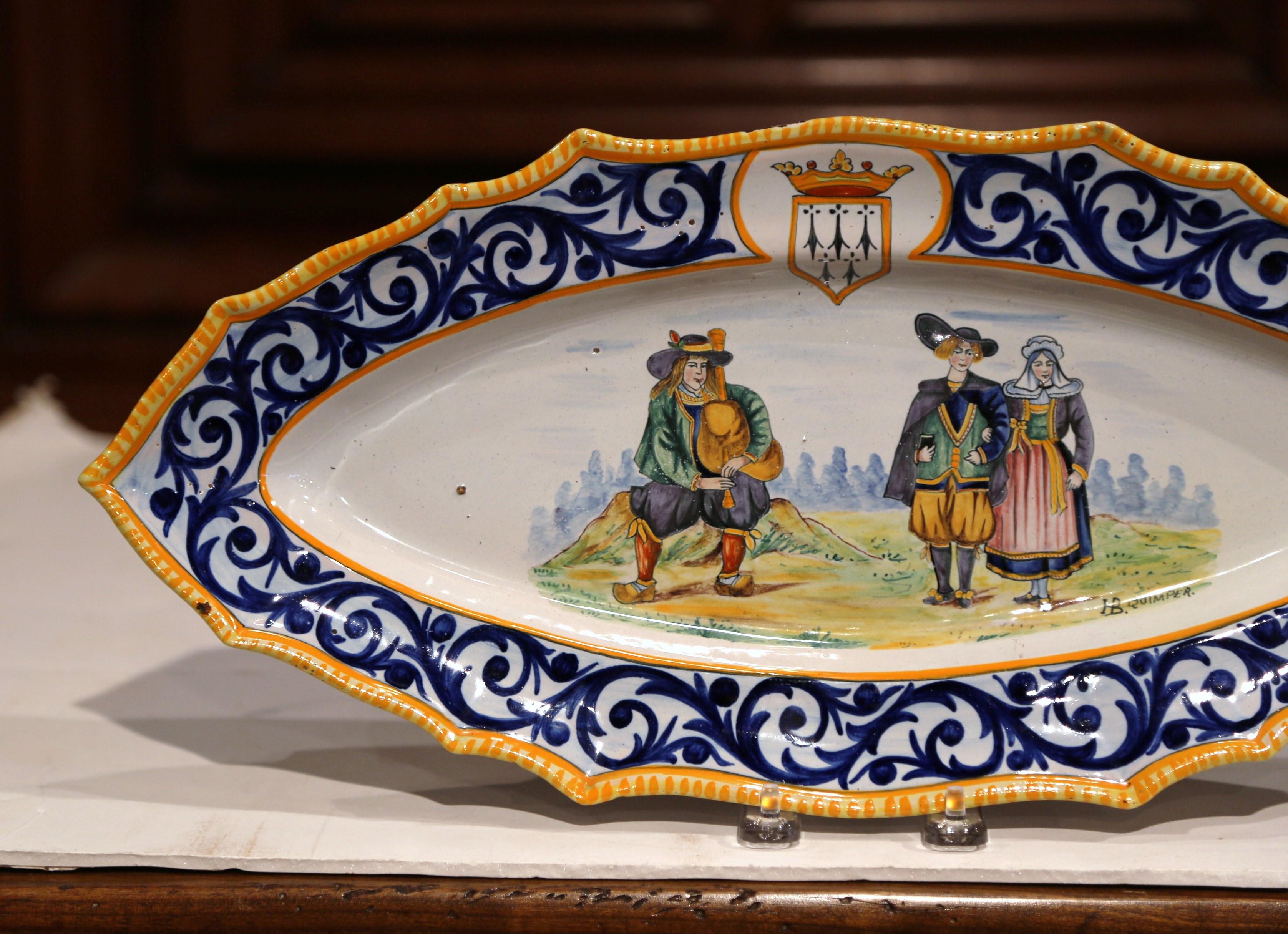  Mid-20th Century French Hand-Painted Oval Faience HB Quimper Decorative Platter 3