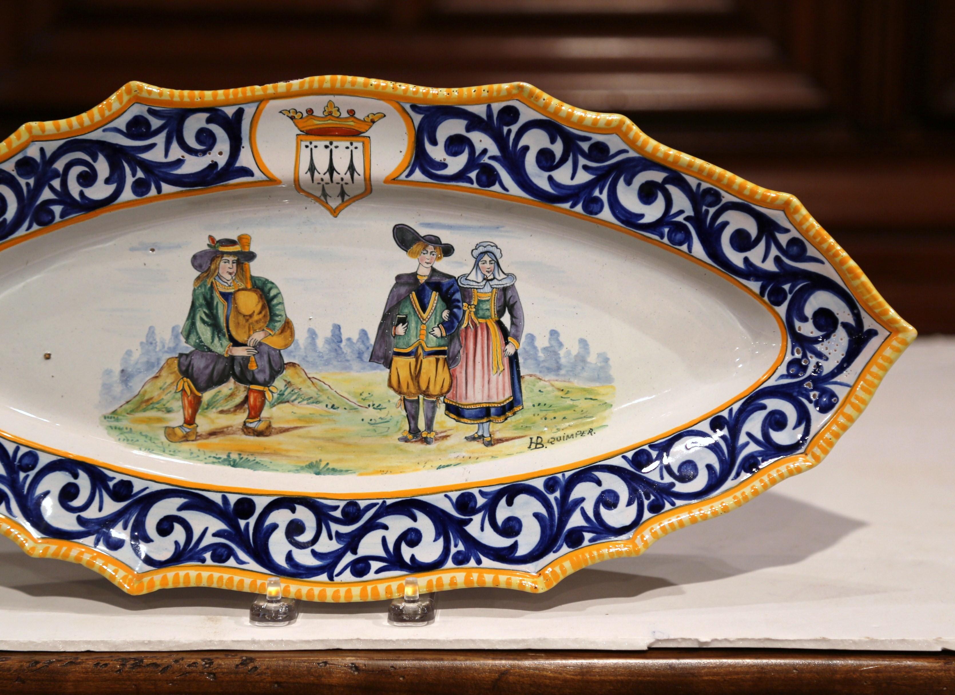  Mid-20th Century French Hand-Painted Oval Faience HB Quimper Decorative Platter 4