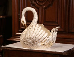 Large Mid-20th Century French White and Gilt Porcelain Swan Jardinière