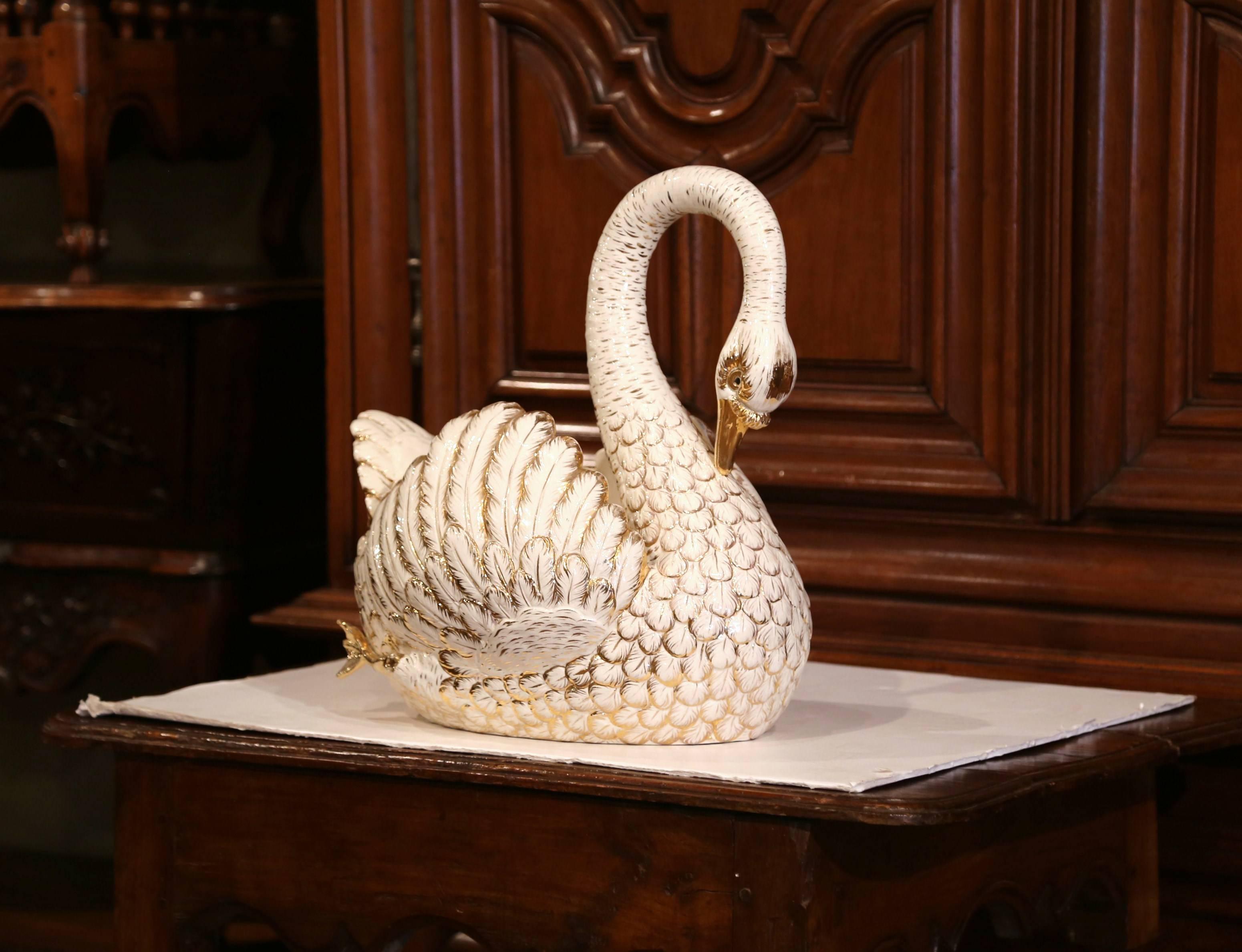 Hand-Crafted Large Mid-20th Century French White and Gilt Porcelain Swan Jardinière